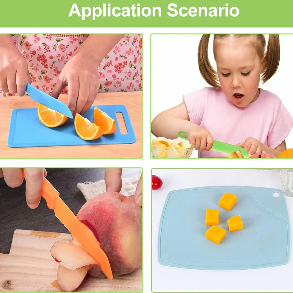 Coltelli da Cucina per Bambini, Coltelli di Sicurezza per Bambini, 4 pezzi Coltello per Bambini in Plastica con Tagliere, Coltello Da Frutta Per Bambini, Set di Coltelli da Cucina per Bambini
