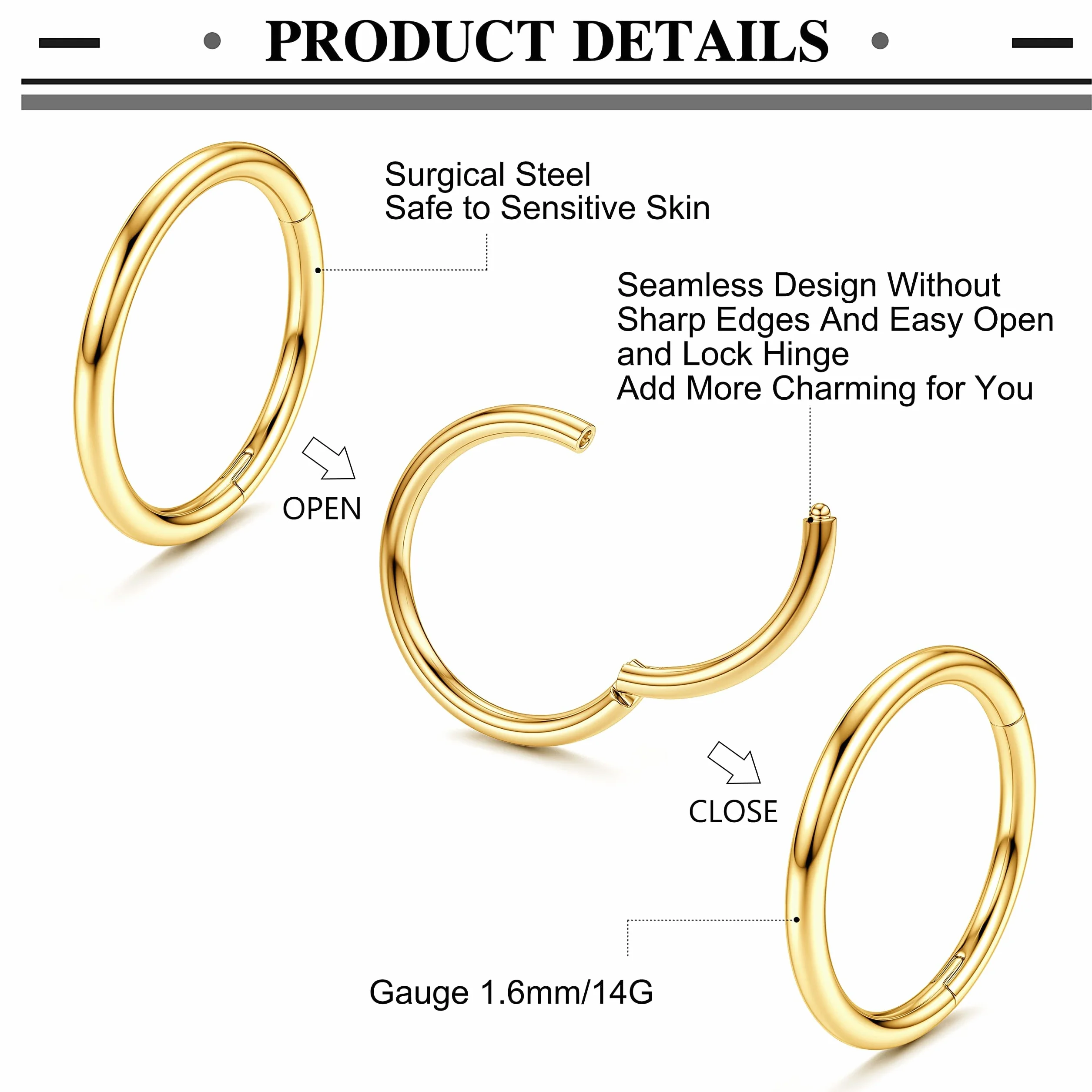 FIOROYAL 14G Piercing Ombelico Anello Acciaio Chirurgico Argento Oro Opal Belly Button Rings Clicker 8MM/10MM/12MM