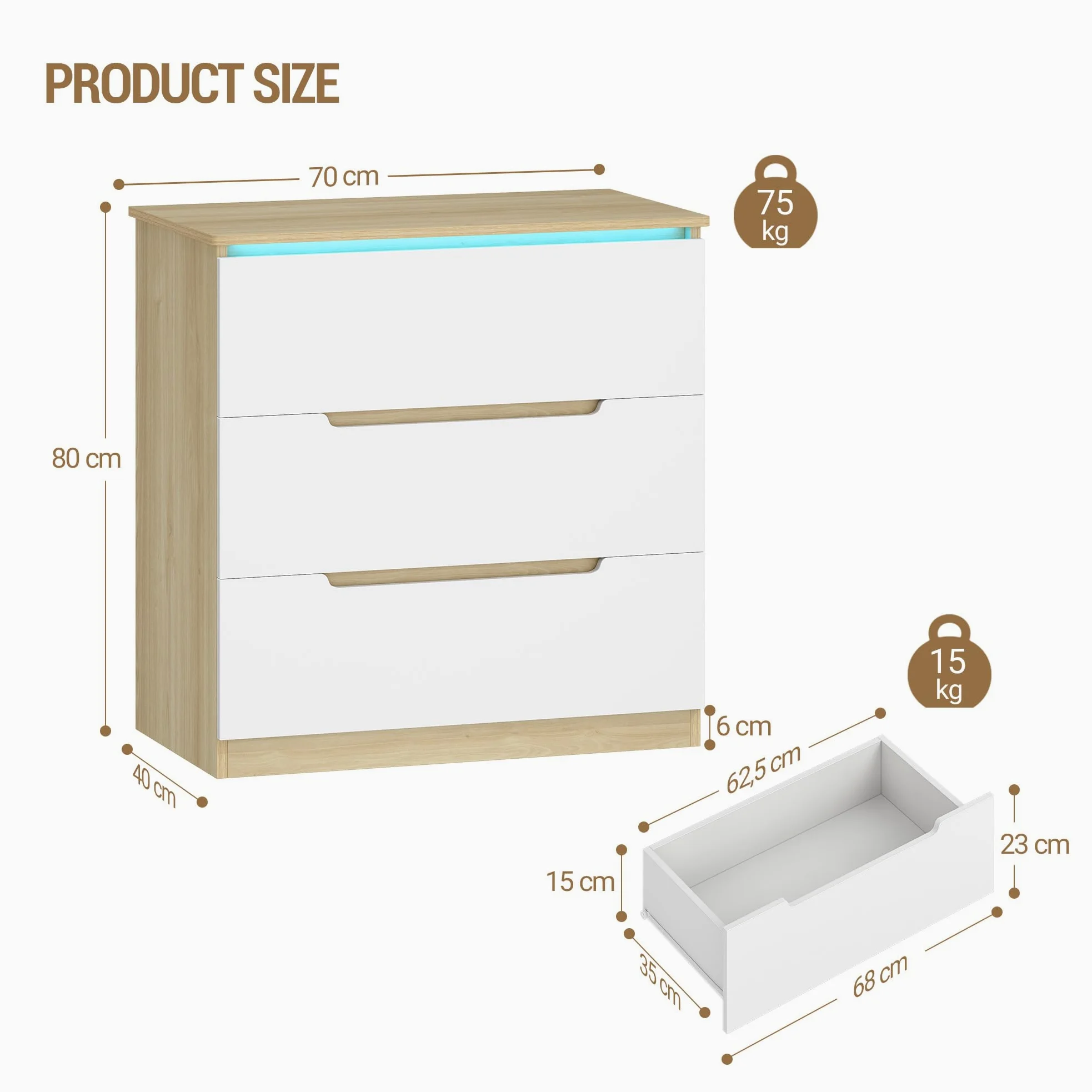 Hzuaneri Cassettiera, 3 Cassetti, Cassettiera Camera da Letto con Striscia Luminosa a LED, Stile Moderno, Adatto per Soggiorno, Camera da Letto, Corridoio, 40 x 70 x 80 cm, Bianco-Rovere EDC01331XEU