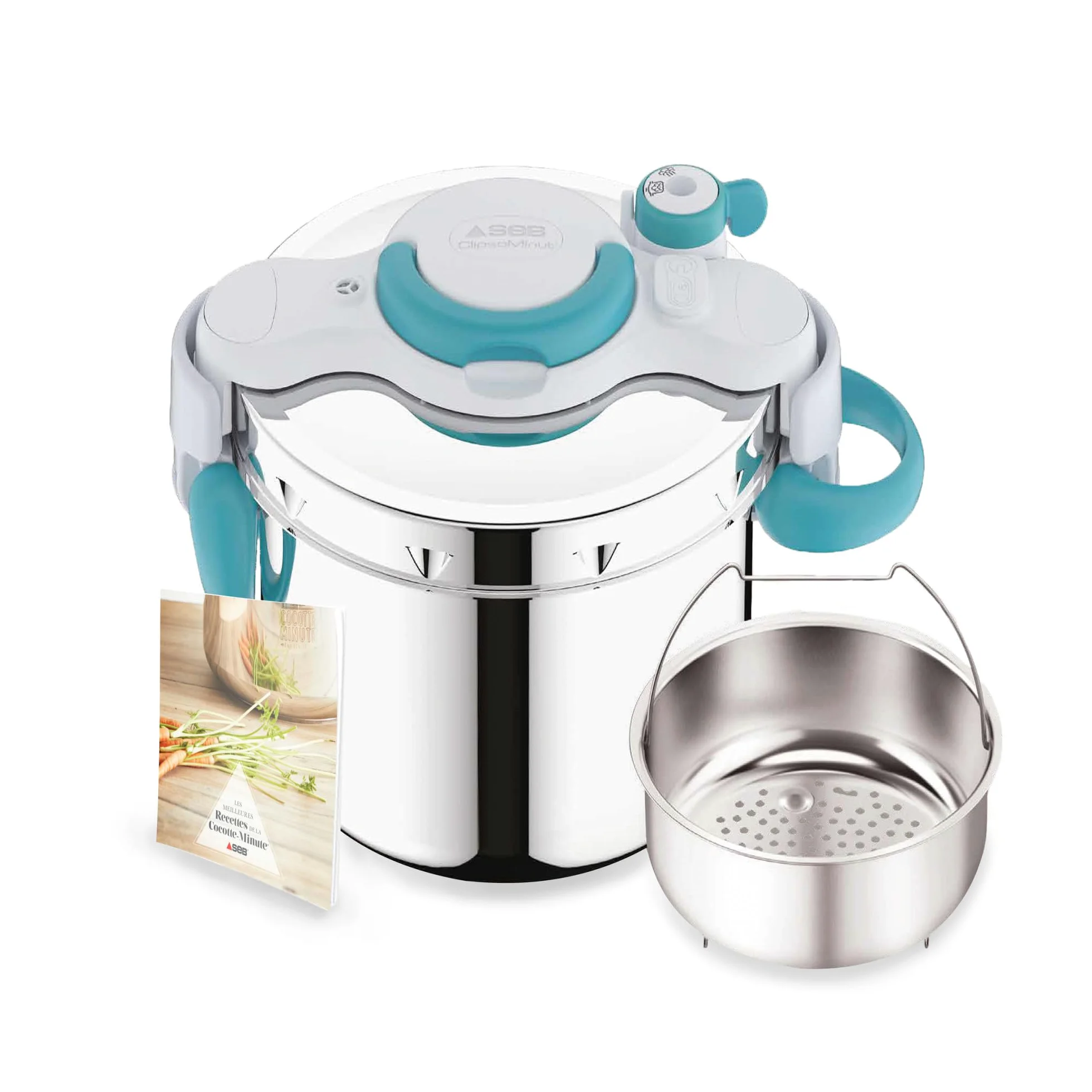 Seb 6 litri Pressure Cooker, Induzione, Stainless Steel Pressure Cooker, Foldable Handles, 100 Recipe Booklet, Made in France, ClipsoMinut'easy+ Blue P4900716