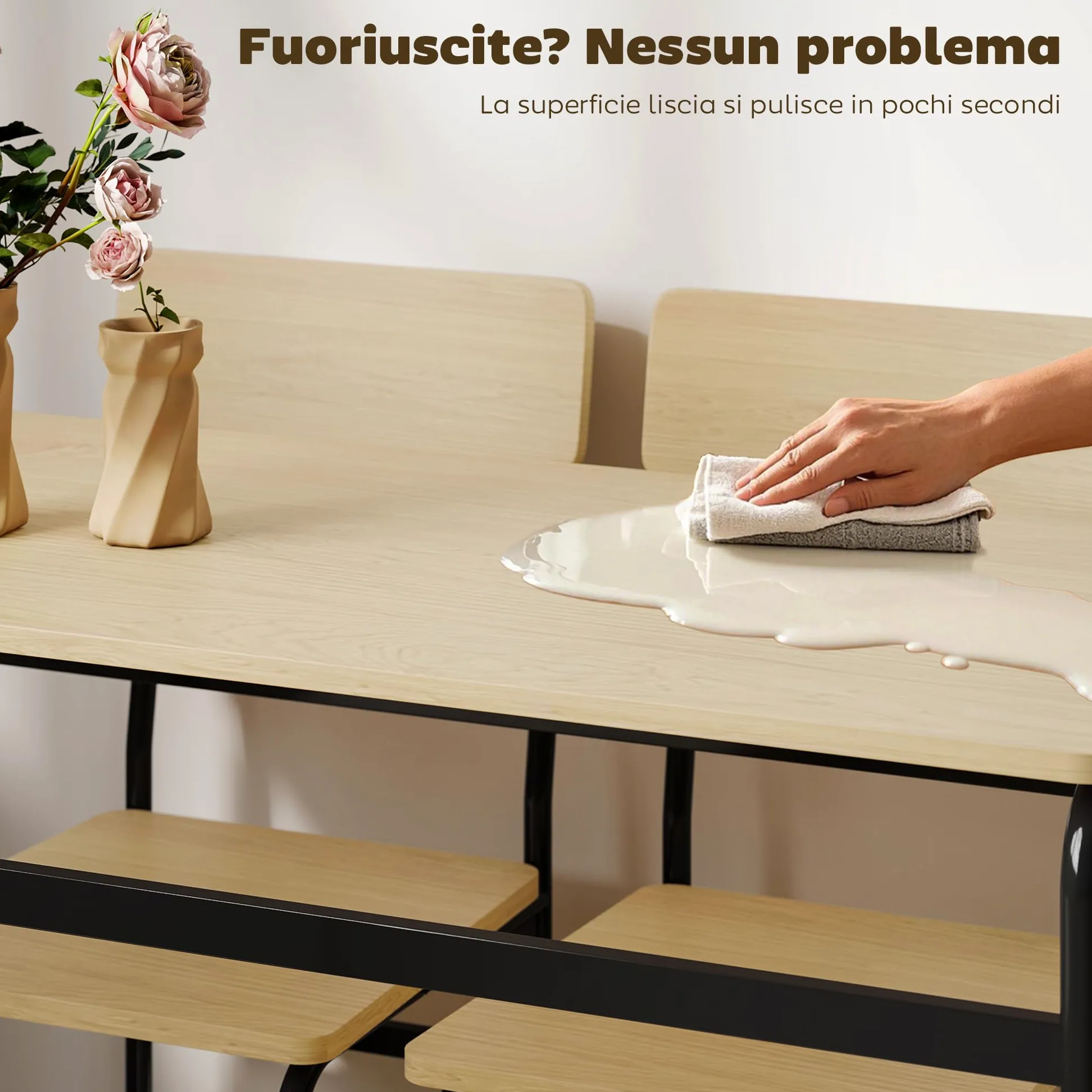 HOMCOM Set Tavolo e Sedie Sala da Pranzo 5 Pezzi, Tavolo da Pranzo Rettangolare e 4 Sedie in Legno e Metallo, Salvaspazio, Design Industriale, per Soggiorno Salotto Cucina, Nero e Color Legno