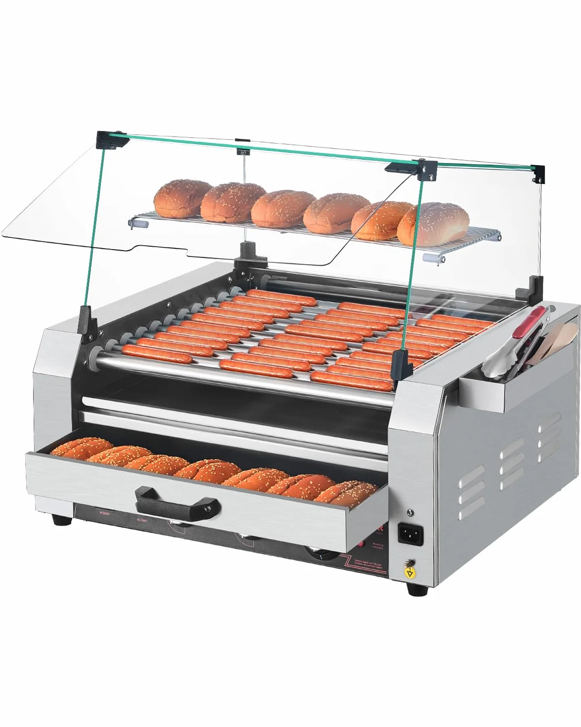 VEVOR Rullo per Hot Dog, 30 Hot Dog 11 Rulli, Cuocitore per Salsicce in Acciaio Inox da 2400 W Scalda Panini, Coperchio, 3 Controlli di Temperatura, Contenitore Laterale, Vassoio Raccogli-Olio
