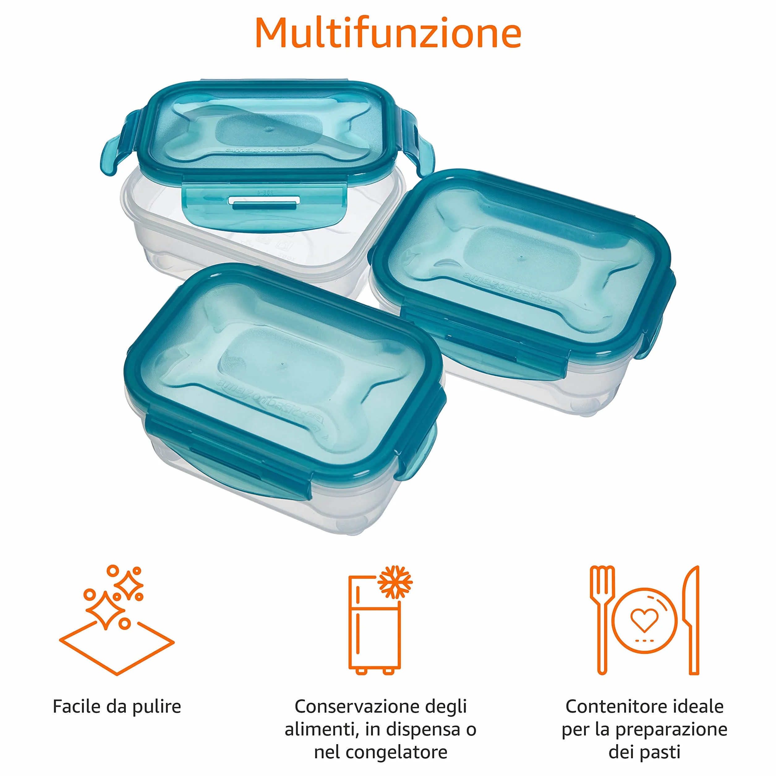 Amazon Basics Set di 3 contenitori ermetici per alimenti da 0.6 litri, senza BPA, plastica, azzurro