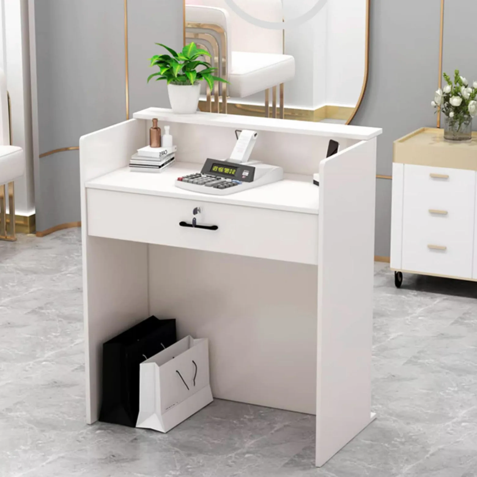 Generico Banco Reception Frontale, Banco Cassa Per Negozi con Cassetti e Ripiani Portaoggetti, Banco Reception Per Saloni Di Bellezza, Negozi Di Abbigliamento (Bianco senza armadietti)