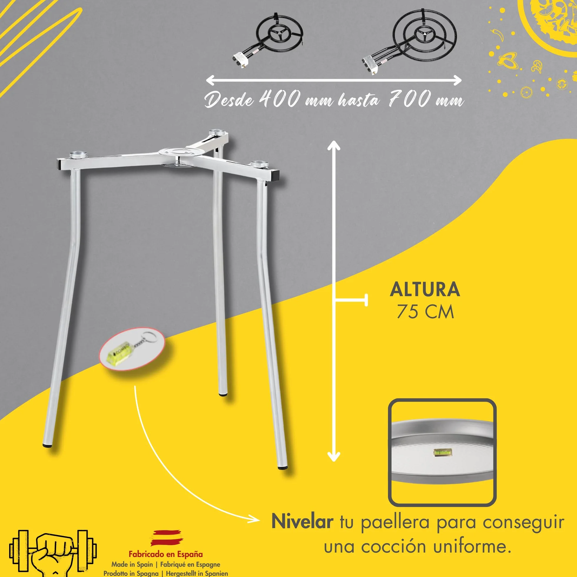 COMBOI Kit Paellero 70 cm, Bruciatore Gas 60 cm, Paella Acciaio Lucido, Ricettario Digitale