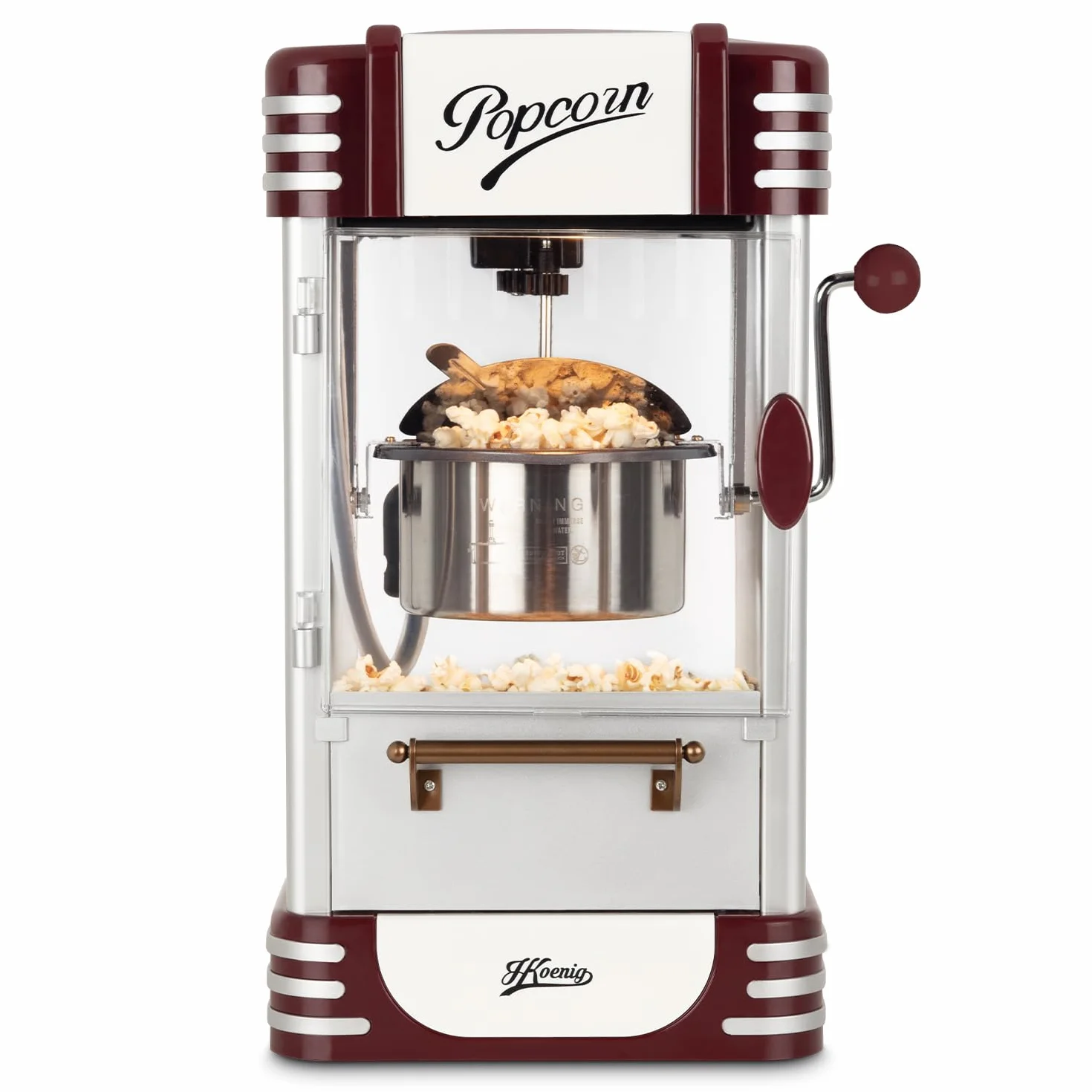 H.Koenig Macchina per Pop Corn POP330, Design Retrò, Recipiente in Acciaio Inox e Alluminio, Capacità 50 g, Porta Magnetica, Potenza 360 W