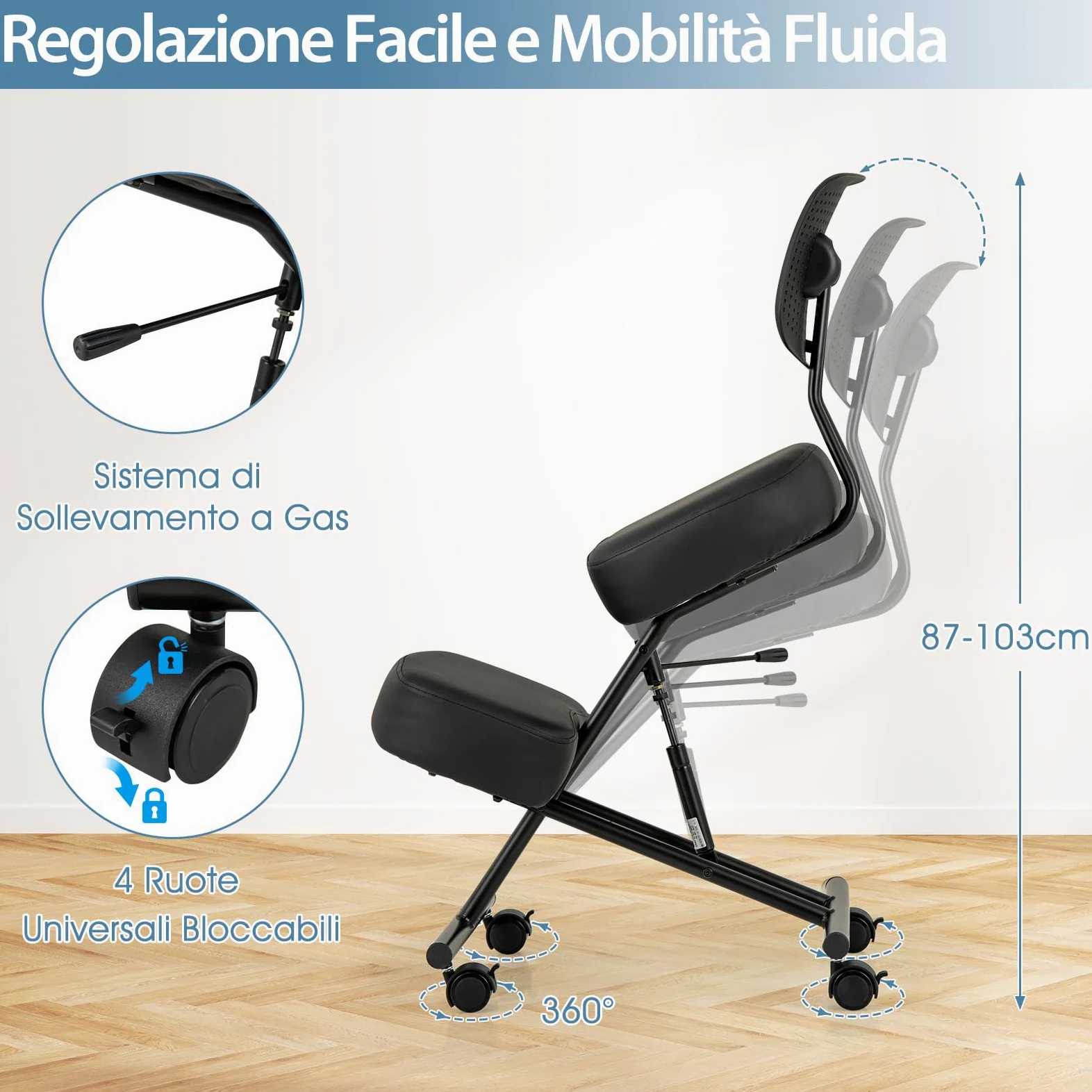 COSTWAY Sedia Ergonomica Inginocchiata con Schienale e Ruote, Sedia da Ginocchio Regolabile Posturale Struttura in Metallo, Sgabello Ergonomica per Casa e Ufficio (con Schienale)