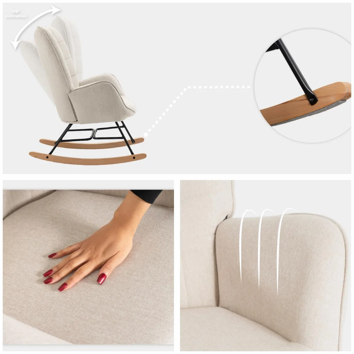 MEUBLE COSY Sedia a Dondolo Poltrona Imbottita Relax con Braccioli Schienale Alto per Soggiorno Cameretta in Tessuto con Gambe in Legno