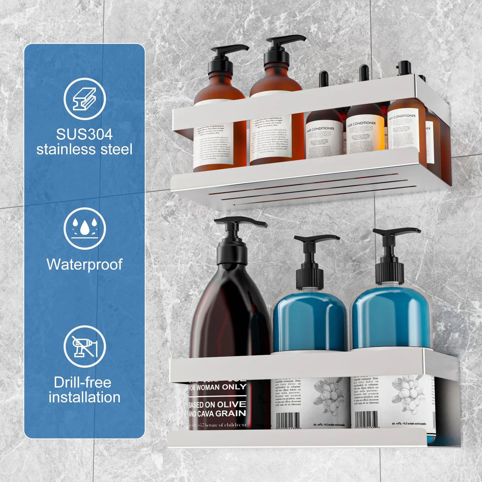 Mensola Doccia Senza Foratura SUS304 Acciaio Inox, Porta Bagnoschiuma Shampoo, 2 Pezzi Organizer Doccia Argento