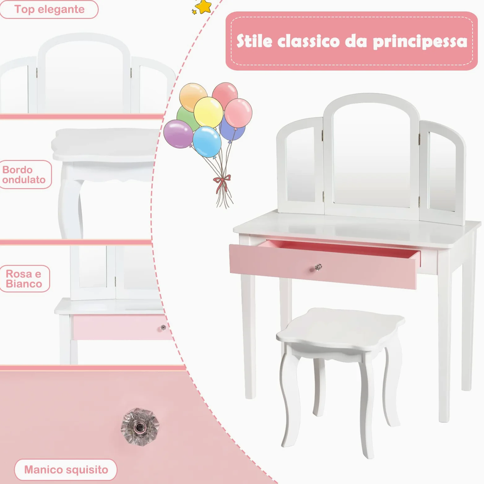 RELAX4LIFE Set Toeletta in Legno con Sgabello, Tavolo da Trucco con Cassetto con 3 Specchi per Bambini, Kit Toeletta da Trucco con Sedia per Bambine, Giocattolo da Trucco per Bambini (Bianca)