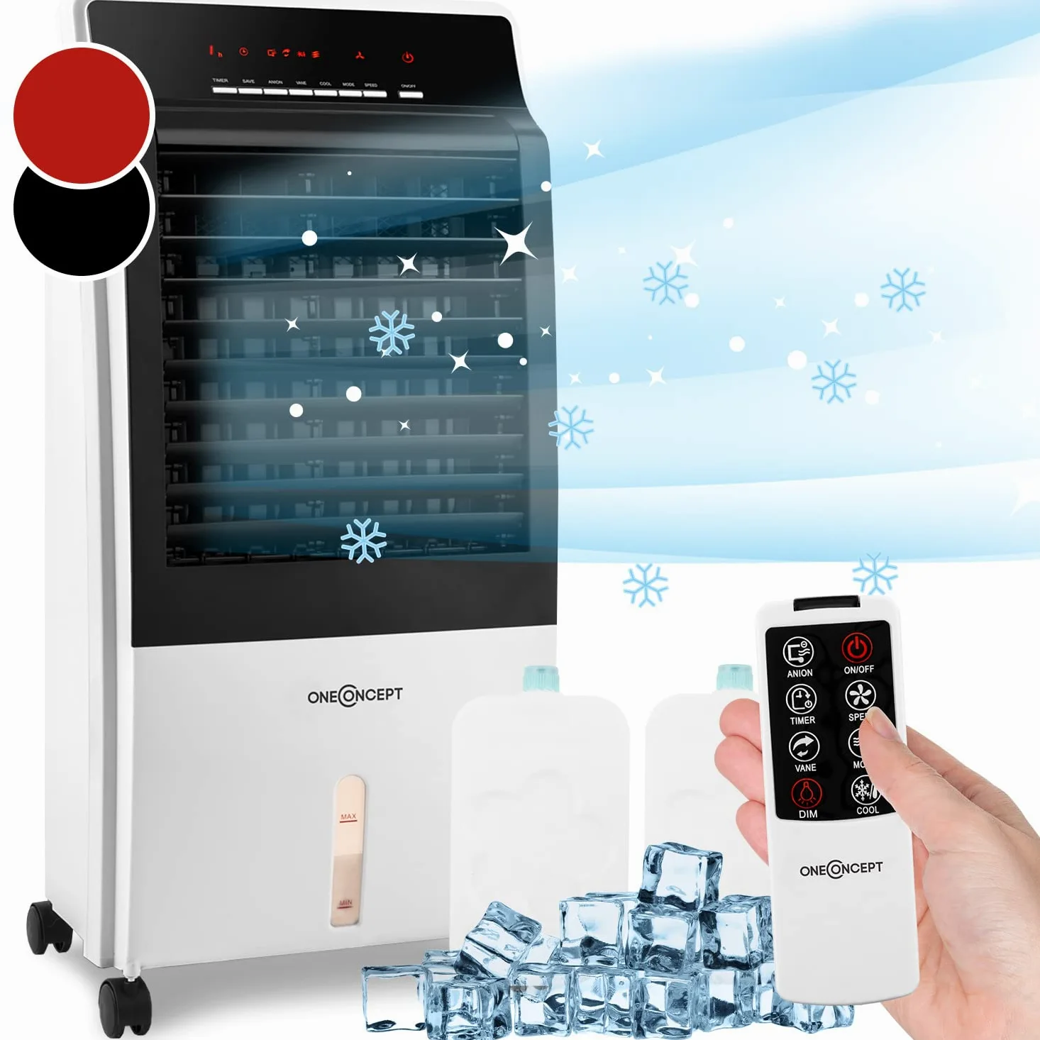 OneConcept Condizionatore Portatile Senza Tubo 65W 4 in 1, Umidificatore, Climatizzatore Portatile, Ionizzatore per Casa/Ufficio, Ventilatore Aria Fredda, Raffrescatore d’Aria 360m³/h, Serbatoio da 8L