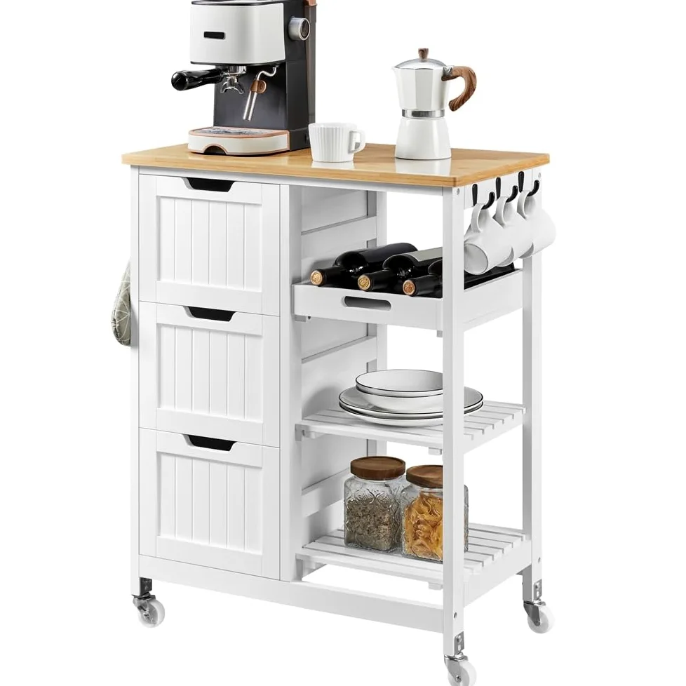 Yaheetech Carrello Cucina con Ruote 3 Cassetti 3 Ripiani in Legno Salvaspazio Bianco Porta Microonde Spezie 67cm x 37cm x 84,5 cm