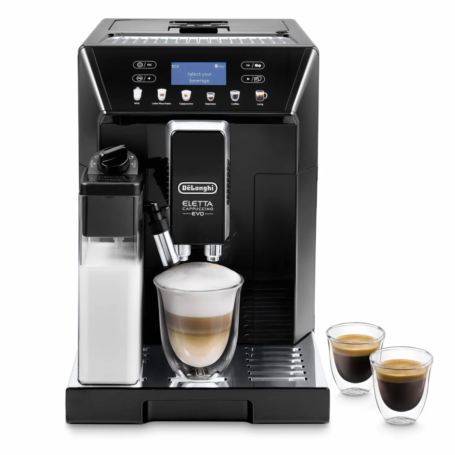 De'Longhi Eletta Evo ECAM 46.860.B macchina da caffè automatica, con sistema lattecrema, cappuccino ed espresso premendo un pulsante, display LCD e tasti sensori, 2 litri, colore nero