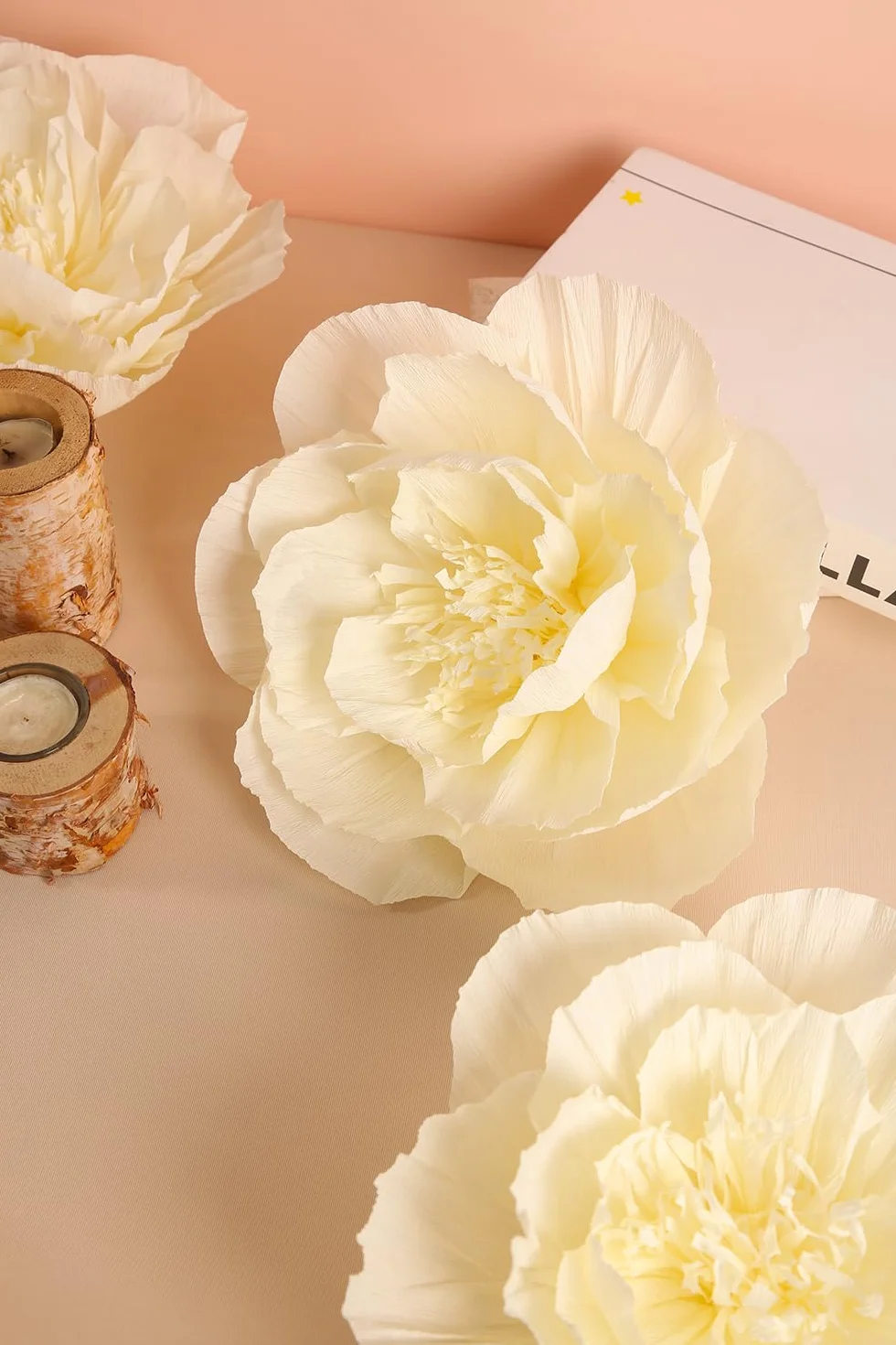 Decorazioni floreali giganti in carta crespa per parete, set da 6 beige