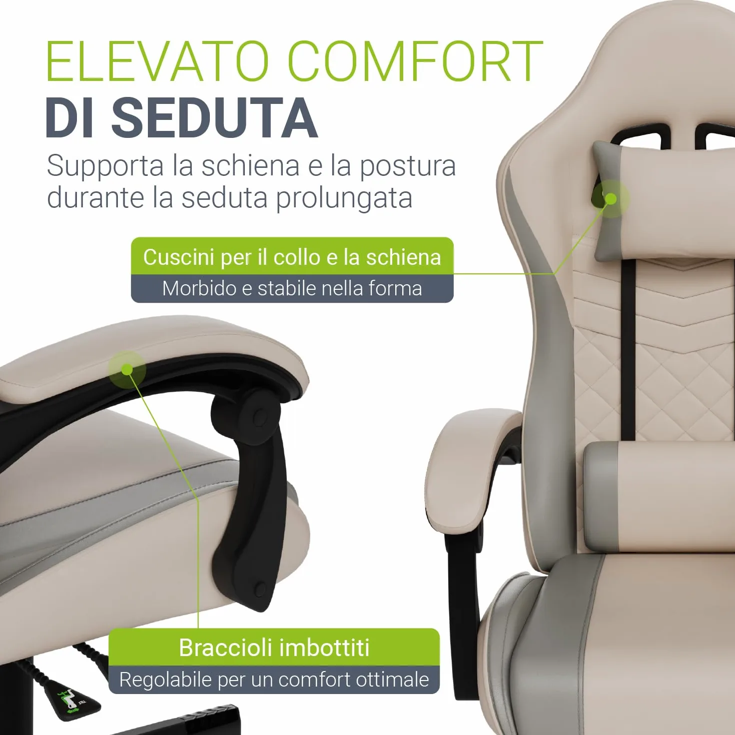 Juskys Sedia da gaming HyperSeat – Regolabile in altezza, schienale reclinabile e braccioli imbottiti, similpelle, ergonomica e resistente – Beige/grigio chiaro