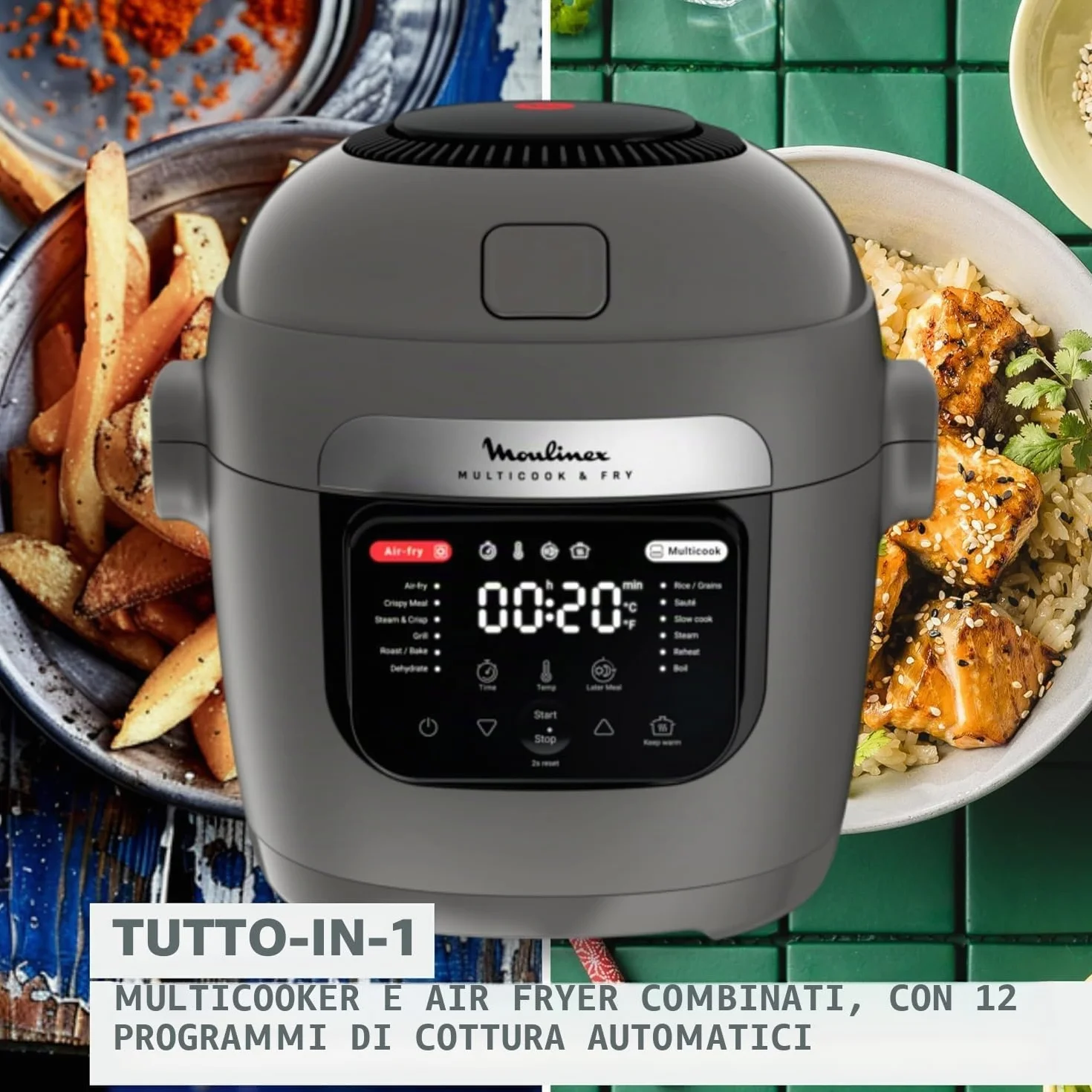 Moulinex Multicook & Fry MZ730BF0 Multicooker e friggitrice ad aria, 12 programmi, cottura 2 piani, 6 L, grigio