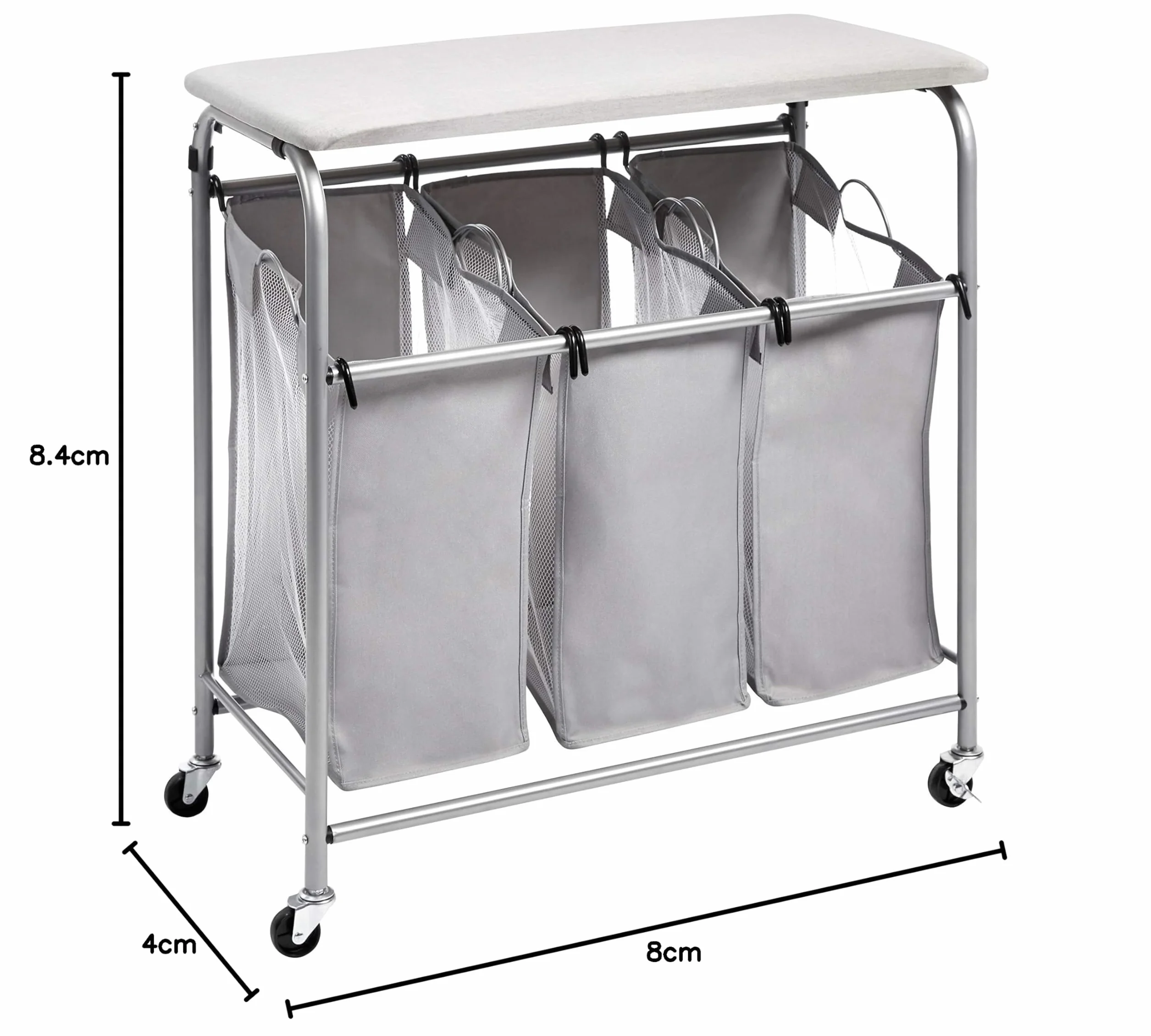 Amazon Basics Rettangolare Carrello raccogli biancheria con 3 sacchi e asse da stiro da tavolo (colore grigio), 80 cm x 41 cm x 84cm