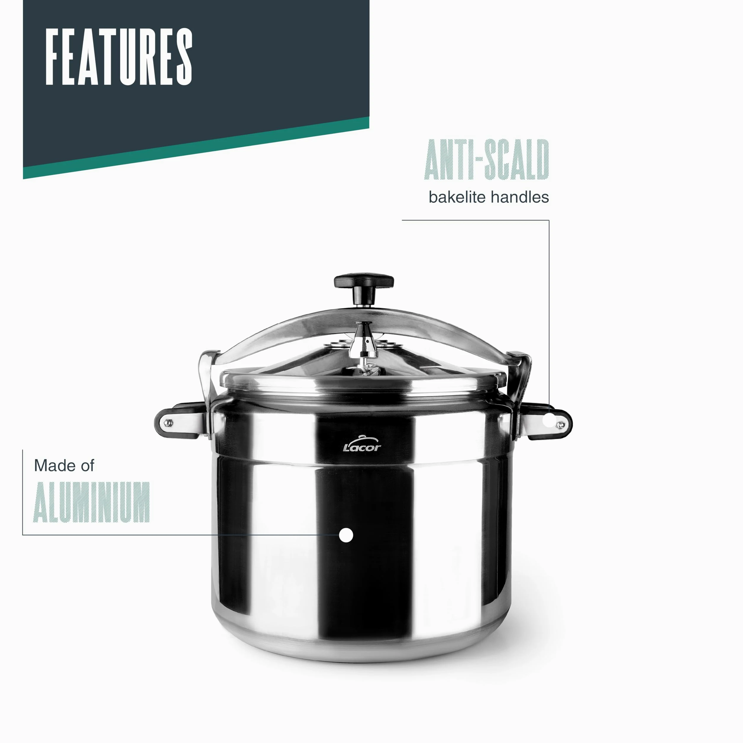 Lacor - 20515 - Pentola a pressione veloce PRO, Classica, Alluminio, Professionale, Massima sicurezza, 15 L, Ø 30 cm