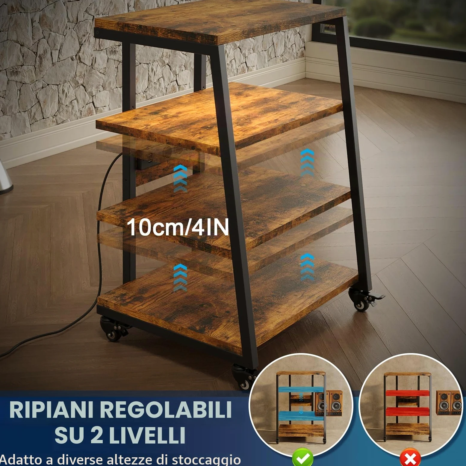 Mobile HiFi 4-level | Con prese multiple e ripiano regolabile | 4 ruote girevoli e 2 luci LED (app controllo) | 60x51x85cm Mobile Giradischi in legno e acciaio per impianto audio, impianto stereo