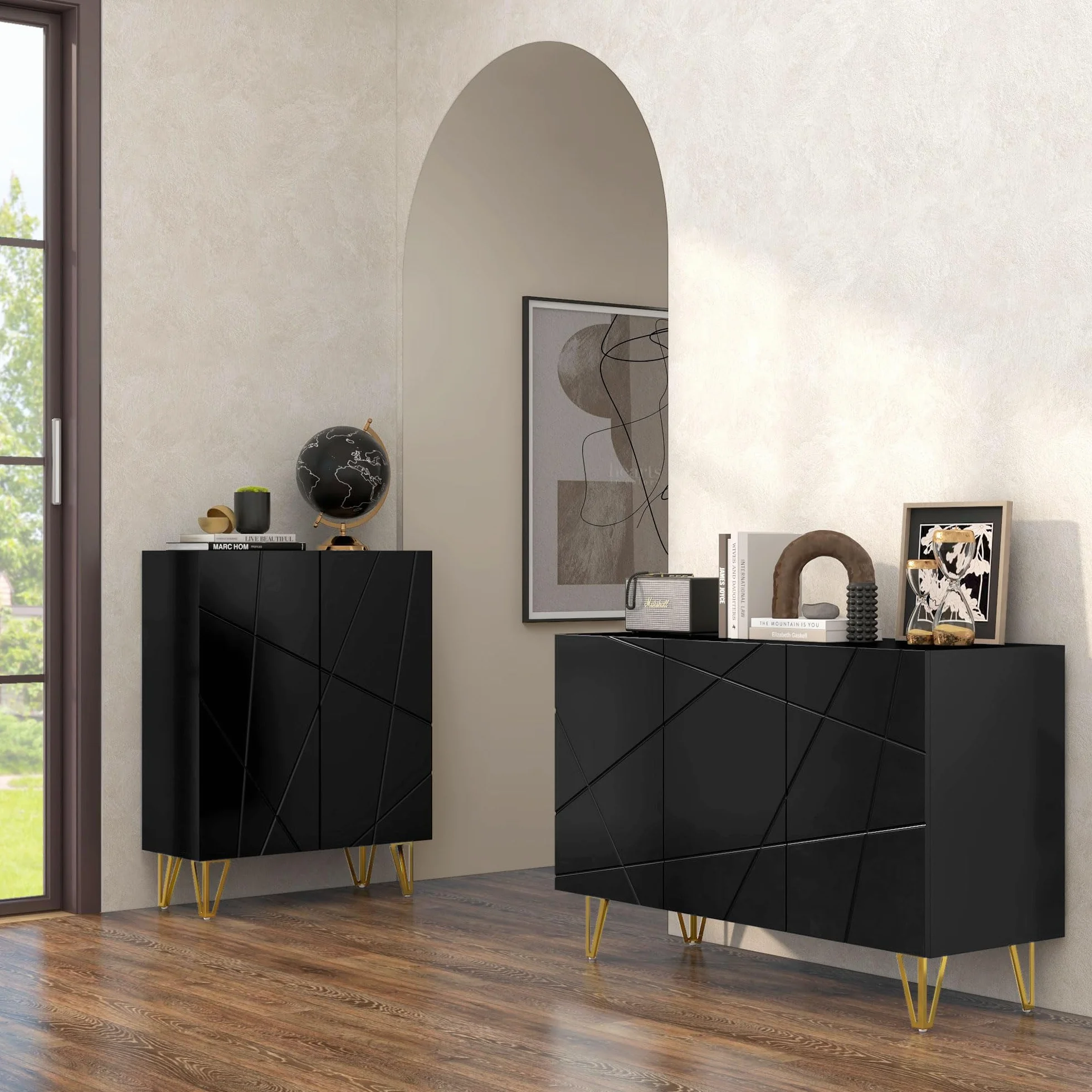 HOMCOM Mobile Contenitore con 2 Armadietti e Ripiano Regolabile a 3 Livelli, Credenza Moderna con Gambe in Metallo, 120x40x75 cm, Nero e Oro