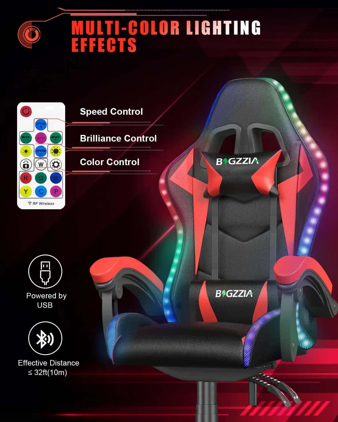 bigzzia Sedia Gaming RGB con Luci LED E Sedia Ergonomica Per Computer Per Videogiochi Reclinabile con Schienale Alto in Pelle Pu con Poggiatesta (Utilizzo di RGB, Rosso)