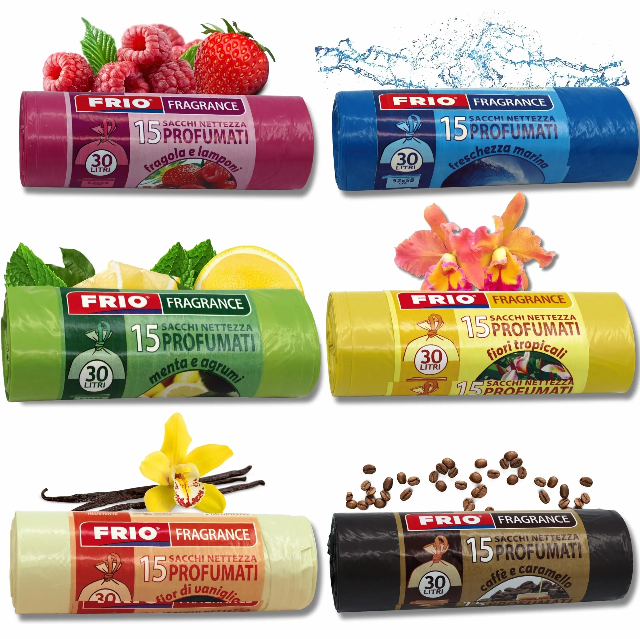 FRIO Multifrutti - 90 Sacchetti spazzatura 30 Litri Profumati, 6 Confezioni da 15 Sacchi immondizia con 6 aromi, colori assortiti - 52x58 cm - Buste per pattumiera resistenti, piccoli, differenziata
