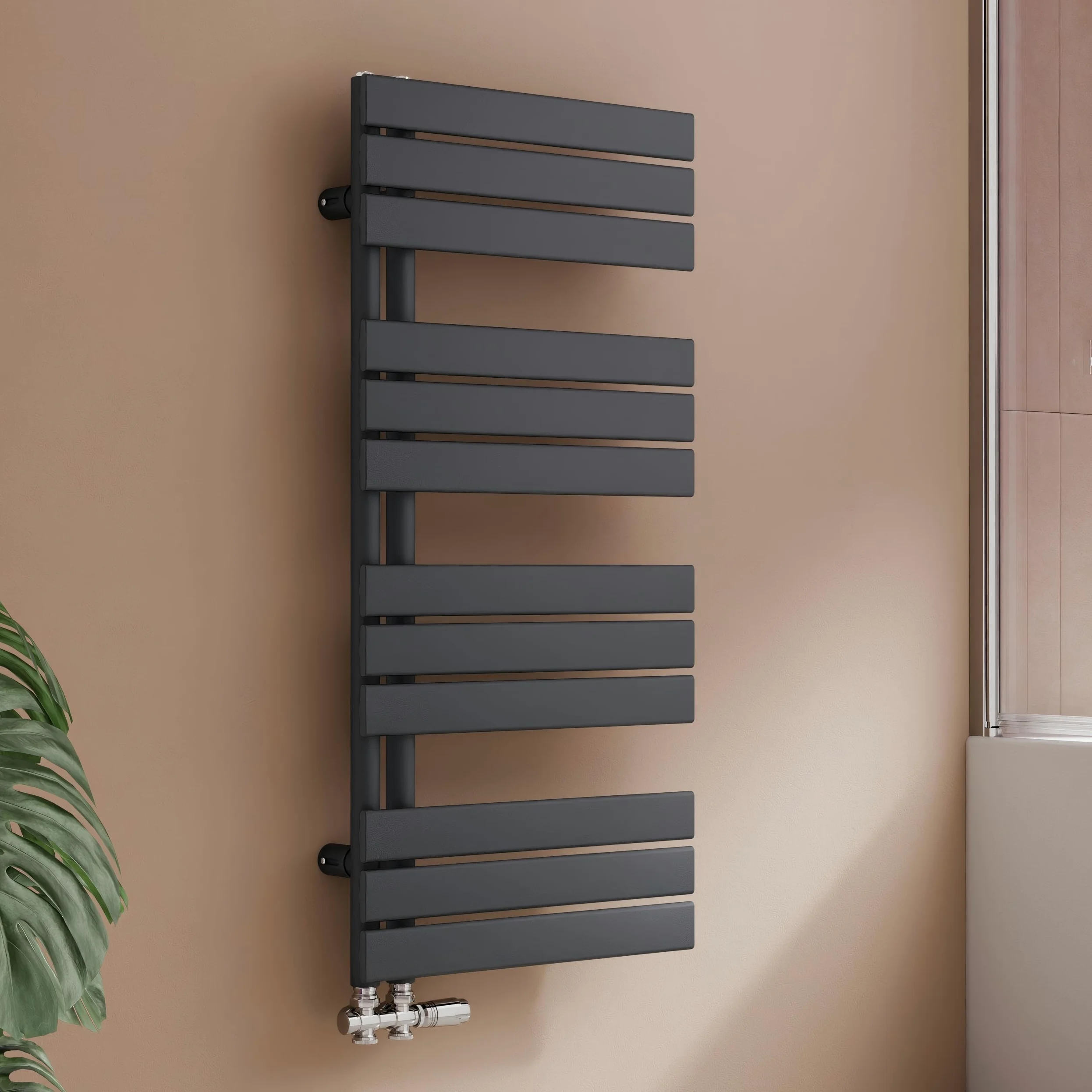 Radiatore design per bagno, radiatore scaldasalviette, grigio antracite, pannello piatto, Connessione centrale, 1041x500mm, radiatore per bagno, asciugatore per asciugamani, 555 Watt (Senza valvola)
