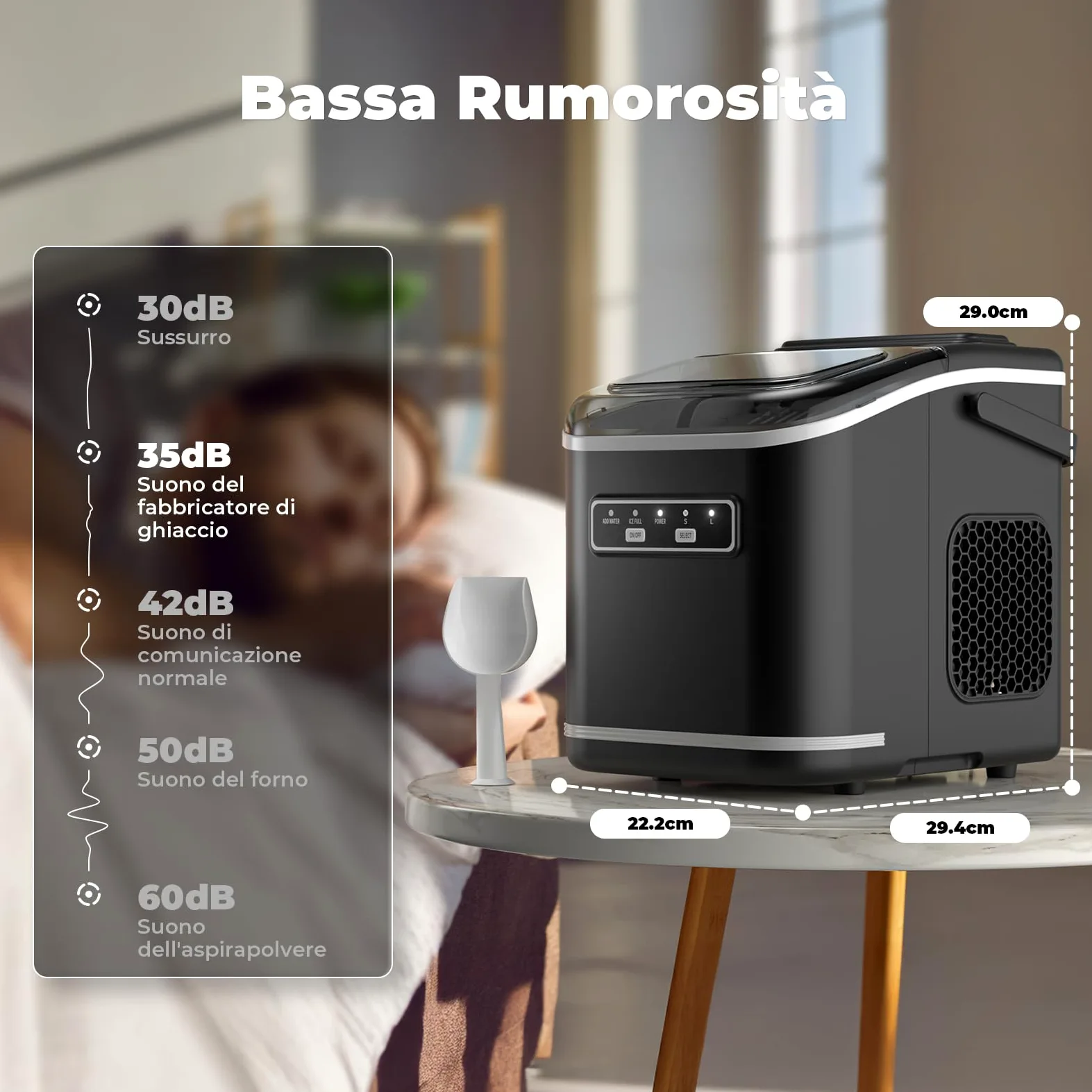 Macchina Ghiaccio 12kg/24h, Autopulente Macchina per il Ghiaccio Casa 1,5L, Silenzioso, 9 Cubetti in 6 Minuti, Ice Maker con Maniglia/Paletta/Cestello, Nero