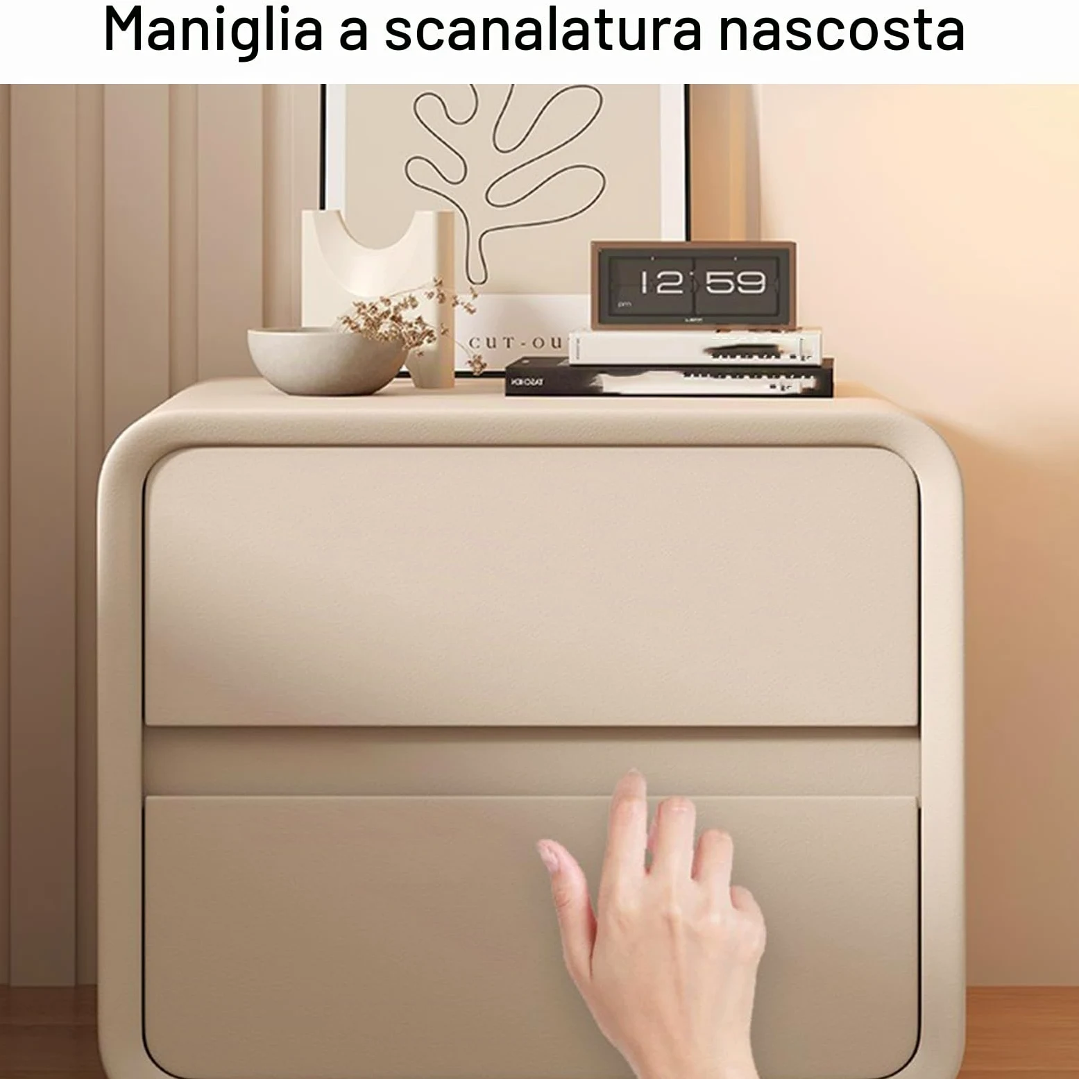 DTREEL Comodino Moderno con 2 Cassetti in Legno Massello e Pelle Microfibra, Tavolino da Camera da Letto/Soggiorno/Dormitorio, Beige, 50 cm/20 in