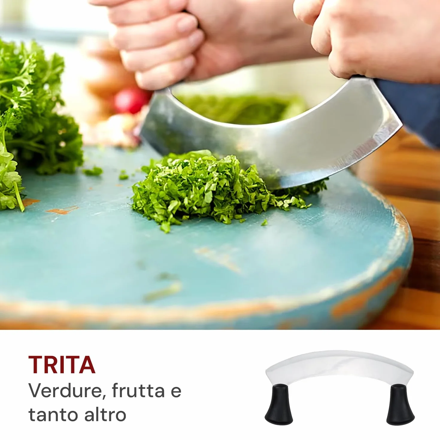 Wintem Mezza luna Acciaio Inox con Manici Ergonomici 25 cm - Lama Curva Consente di Ottenere Trito Omogeneo e Movimento Fluido - Facile da Pulire in Lavastoviglie e non - Presa Sicura e Confortevole