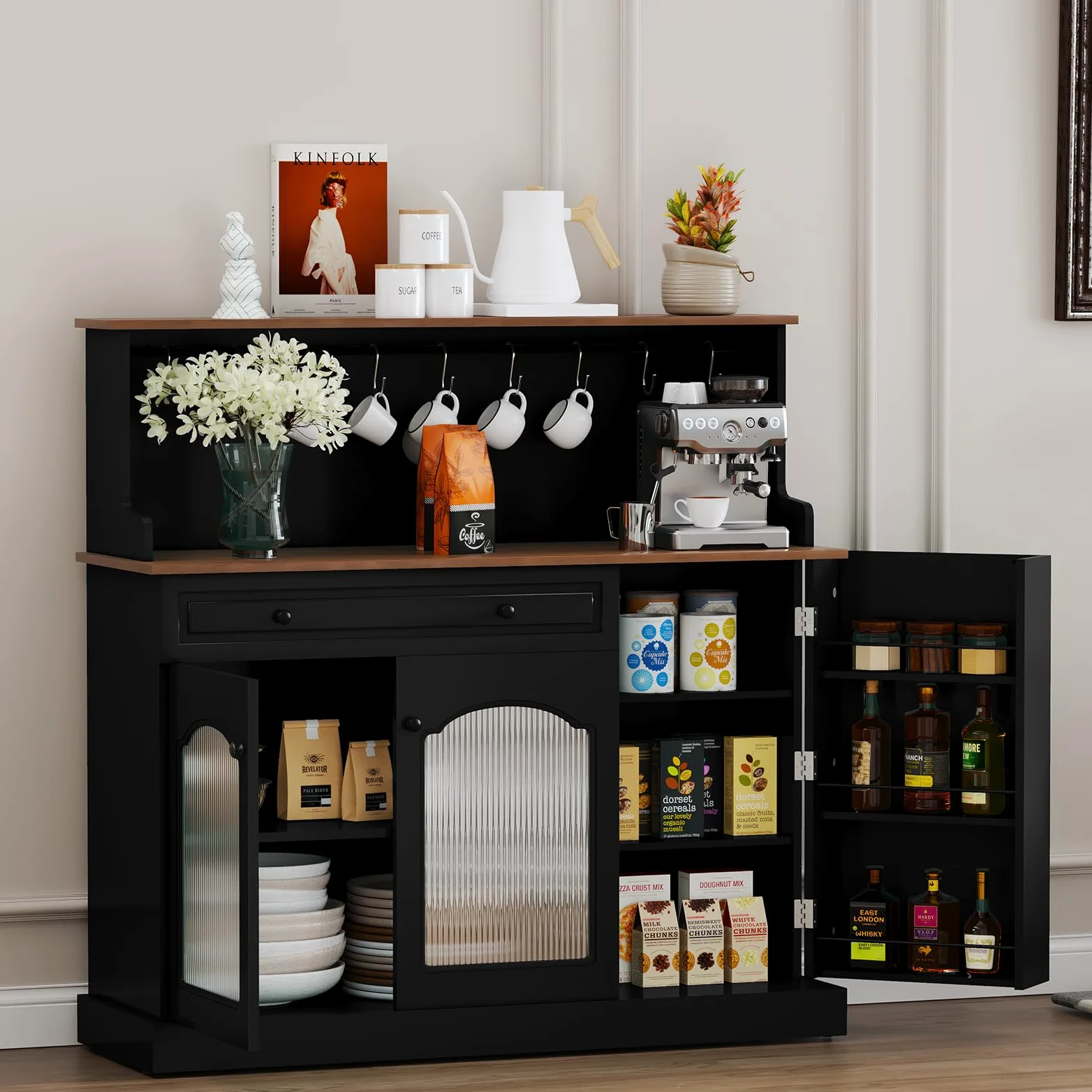 HOLTICO Credenza da Cucina Multifunzione, Armadietto per Microonde con Cassetto e Ganci per Tazze, Buffet Moderno per Soggiorno e Sala da Pranzo, Colore Nero Scuro