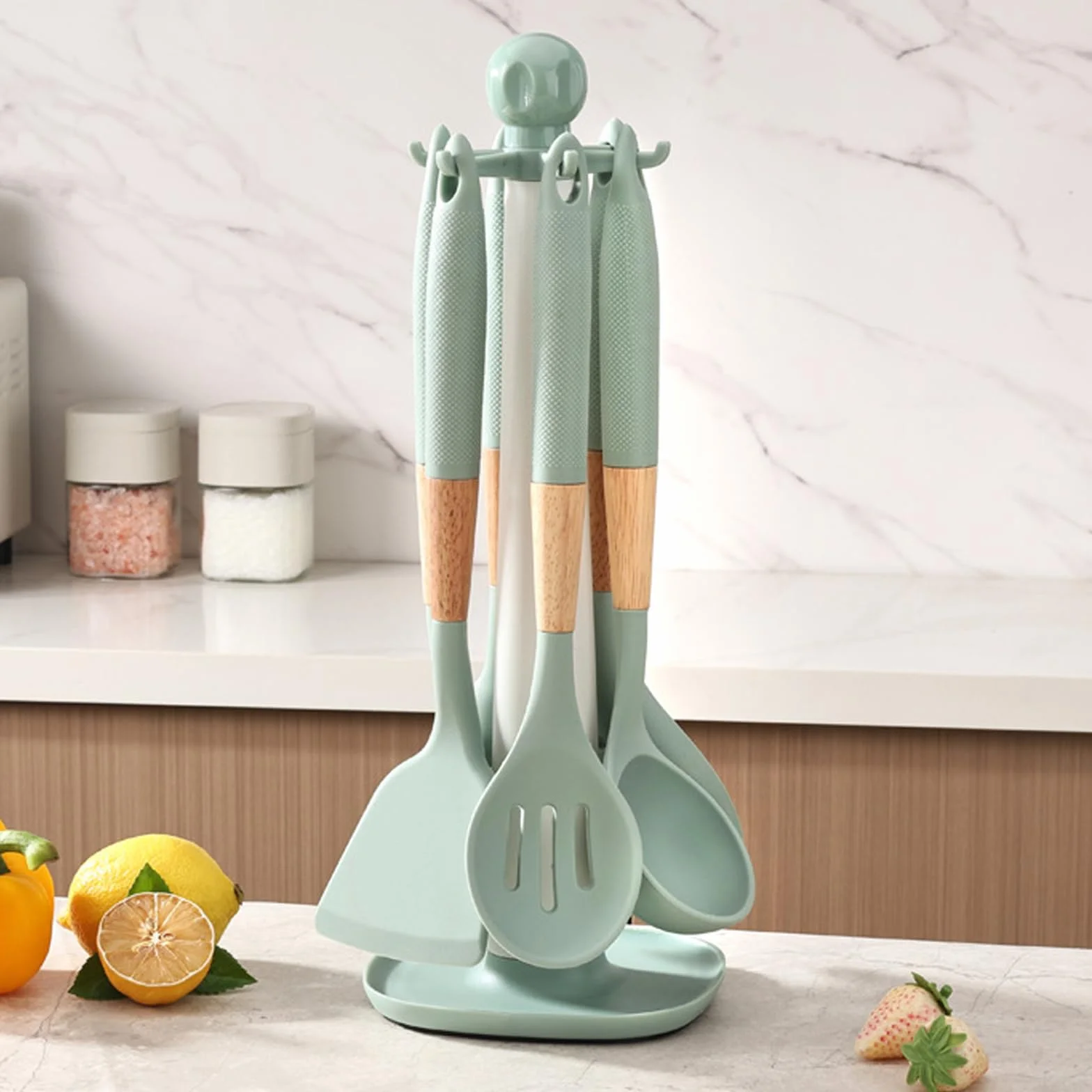 AVEKI Set di utensili da cucina in silicone 7 pezzi con supporto girevole resistenti al calore verde