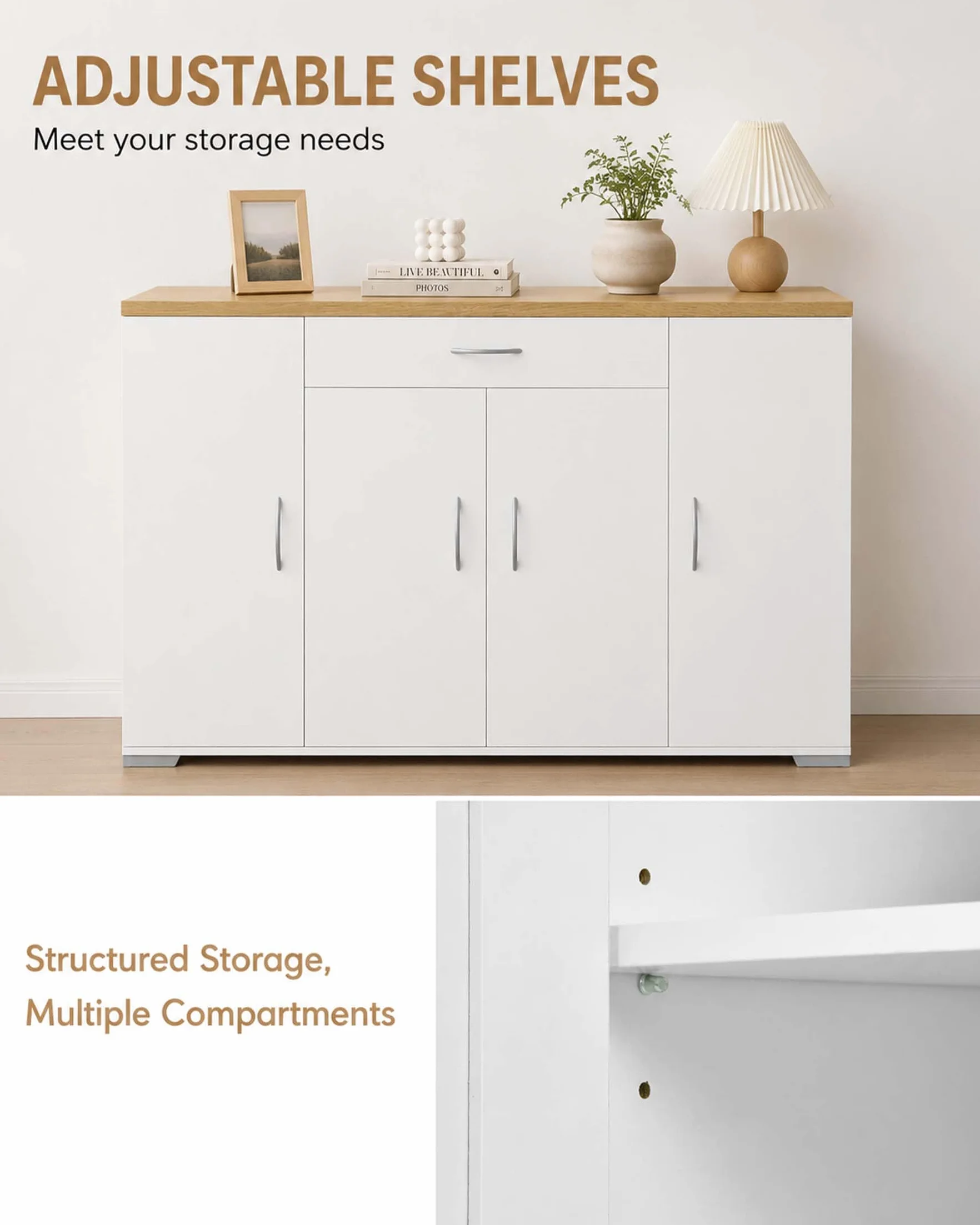 Credenza Cucina Bianca con Piano di Lavoro 110 x 30 x 70 cm Mobile Cucina Salvaspazio con Cassetto e 4 Ante Dispensa Cucina Madia Soggiorno Sala da Pranzo Moderna