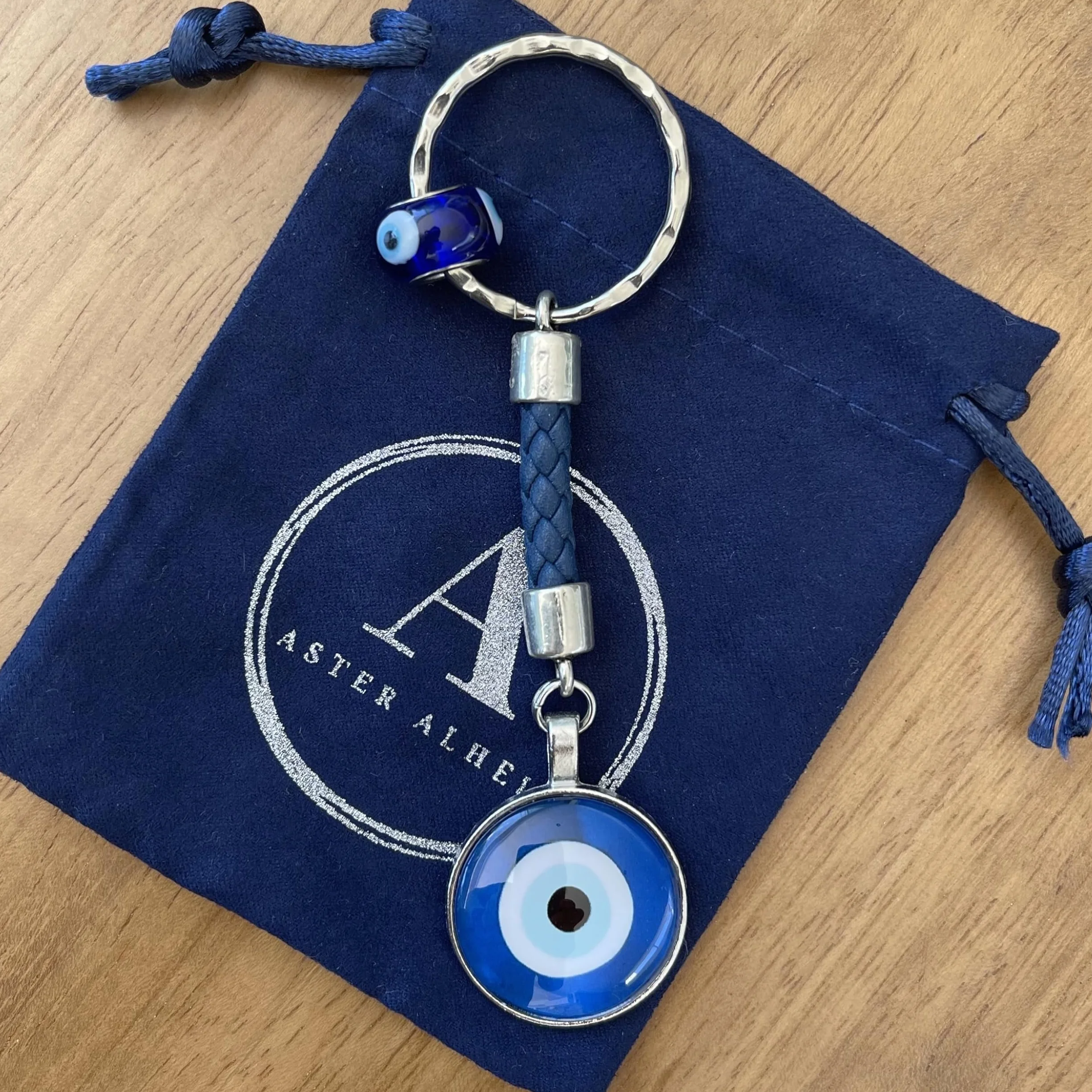 ASTER ALHELÍ Portafortuna Portachiavi Blu Occhio Turco Amuleto Malocchio Keychain Pelle Intrecciata Blu Argento Cuoio Uomo Donna