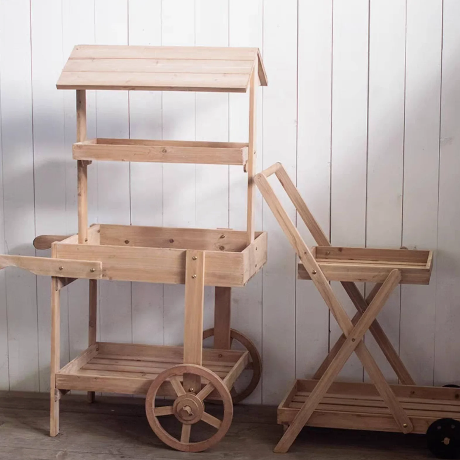 Carrello Espositivo Vintage Carrello Fioriera Scaffale Porta Piante Carrello Pieghevole Carrello in Legno Robusto Texture Rustica per Oggetti Adatto, Marrone Scuro