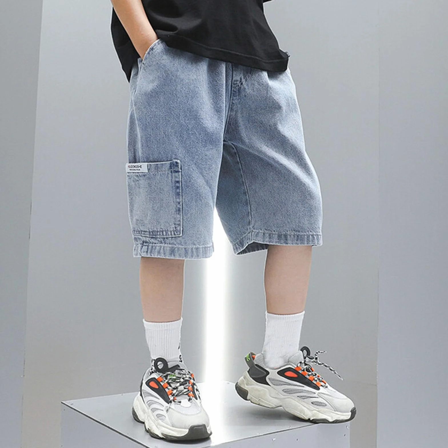 Pantaloncini da jogging in denim per bambini con coulisse e tasche 3-12 anni