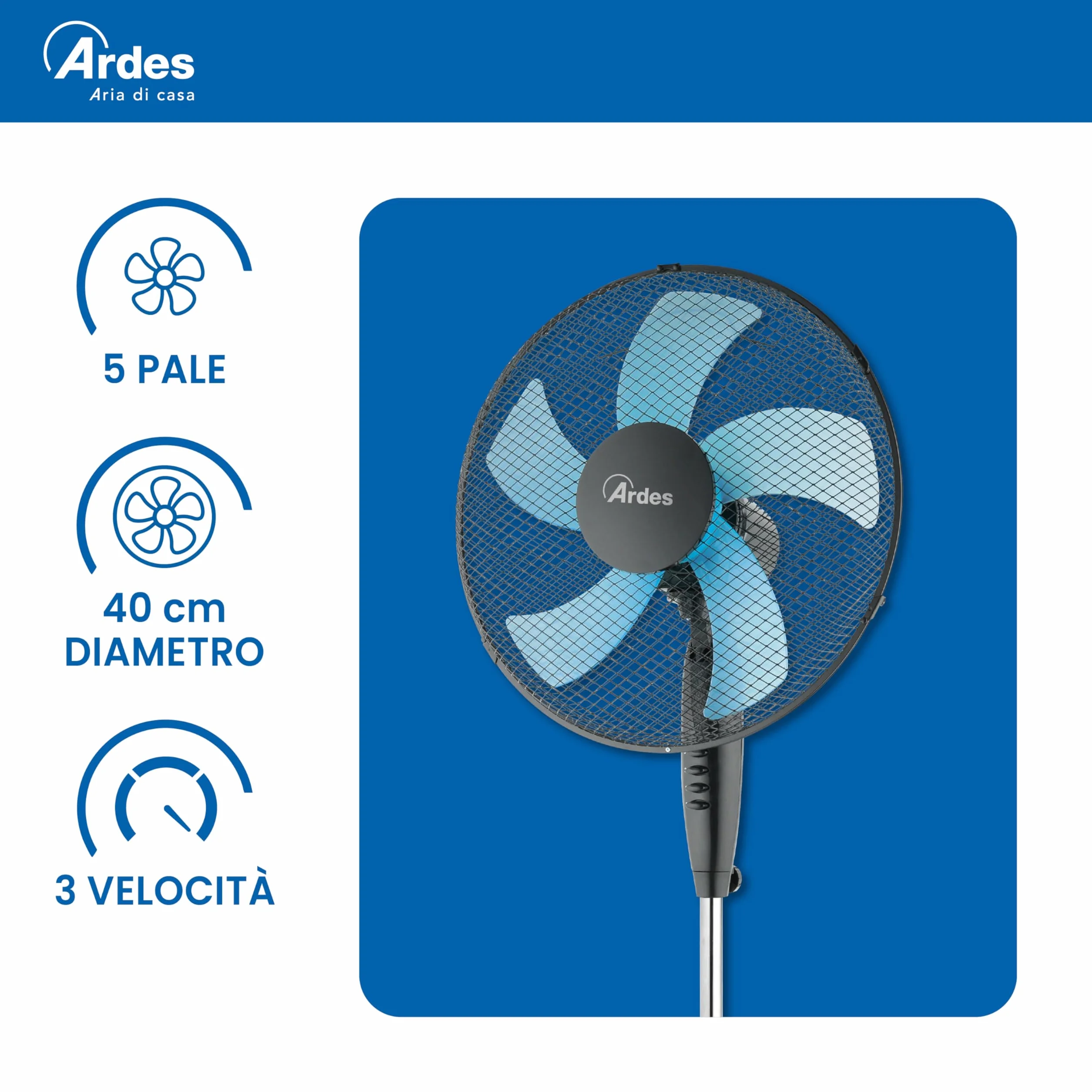 Ardes STEELO 40PN Ventilatore a Piantana 50W 40 cm con Oscillazione Automatica, Altezza e Inclinazione Regolabile, 3 Velocità, Design Total Black e 5 Pale