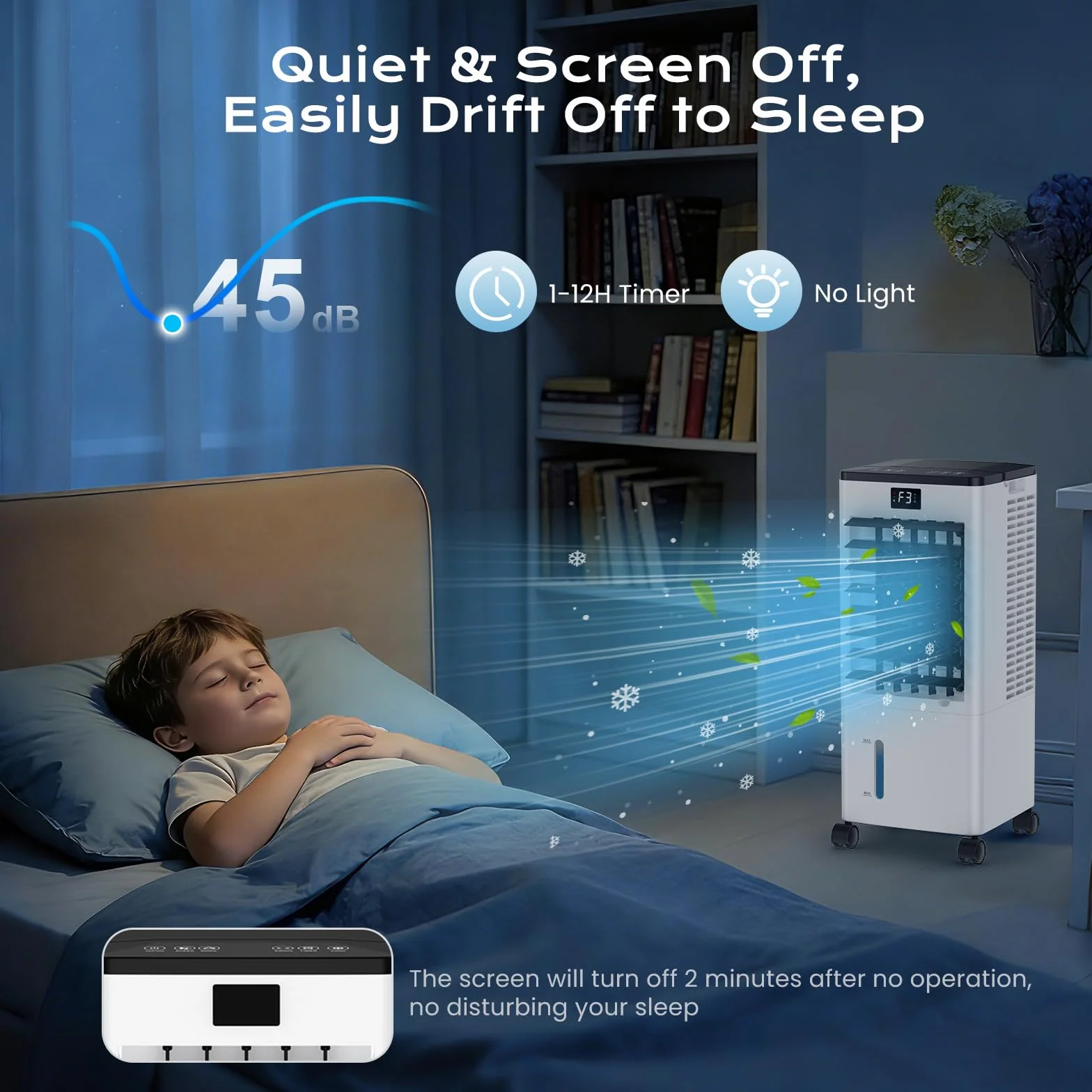 Condizionatore Portatile Senza Tubo Silenzioso, 60W Raffreddatore d'Aria 4 in 1, 4 Modalità 3 Velocità, Oscillazione 60°&120° Timer 1-12 H, con Telecomando, 4 Bottiglie di Ghiaccio per Casa e Ufficio