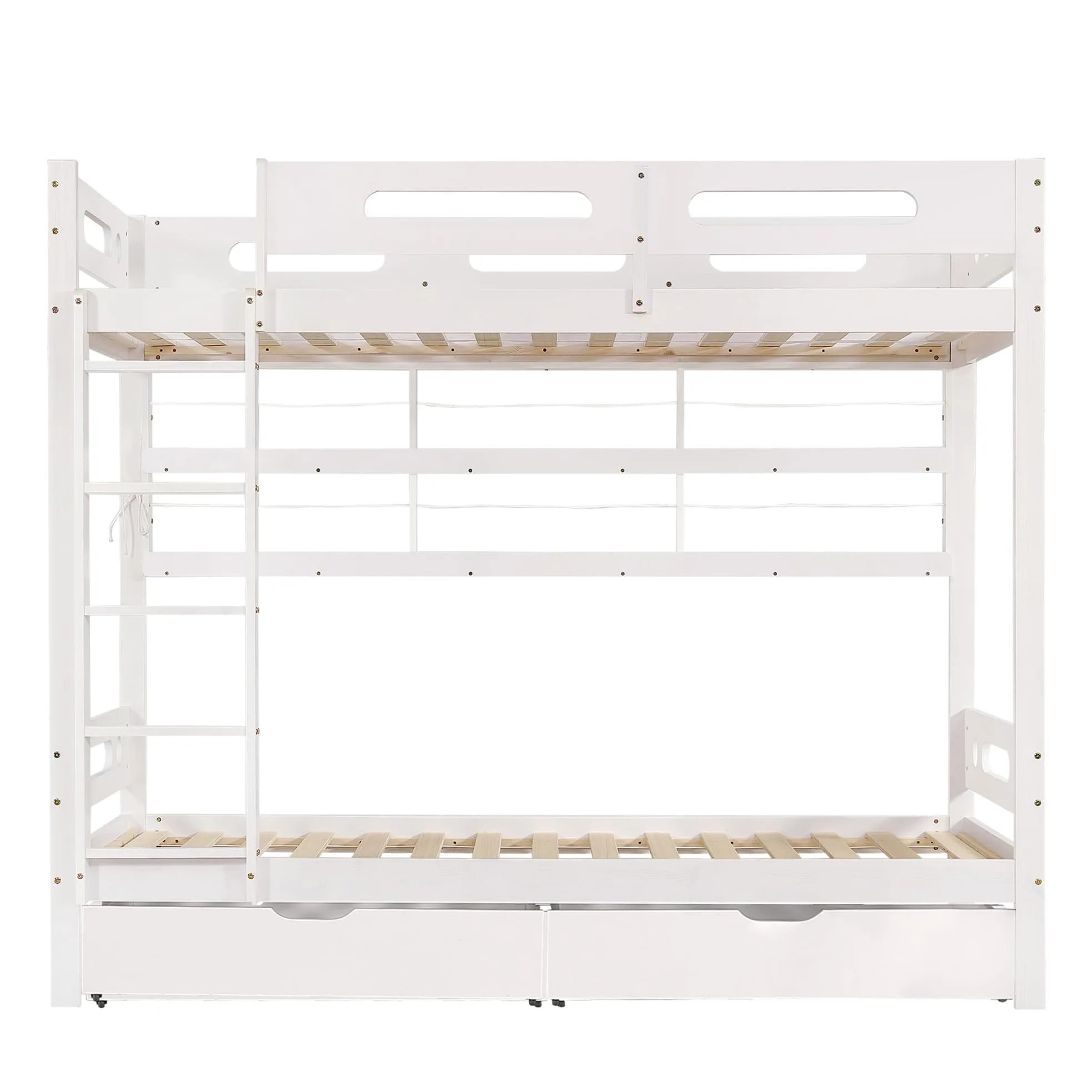 Letto a castello, 90 x 200 cm, lettino con rete anticaduta, due cassetti su ruote, scaffale aperto, scala a cinque livelli, ampio spazio di archiviazione, pino+MDF, bianco