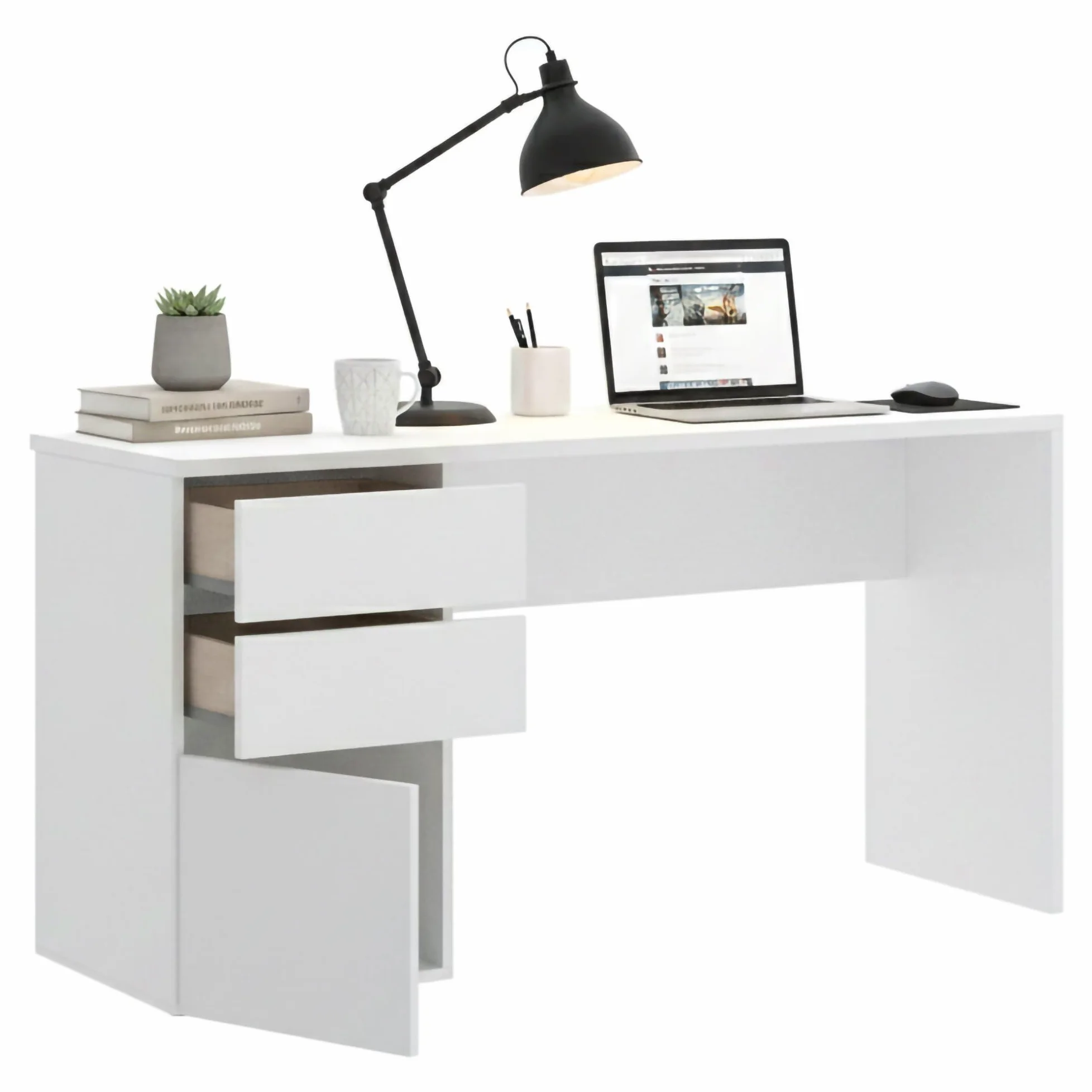 Dmora - Scrivania Lagoni, Scrittoio multiuso da ufficio o cameretta, Tavolo da studio lineare con 2 cassetti e 1 anta, 139x60h75 cm, Bianco