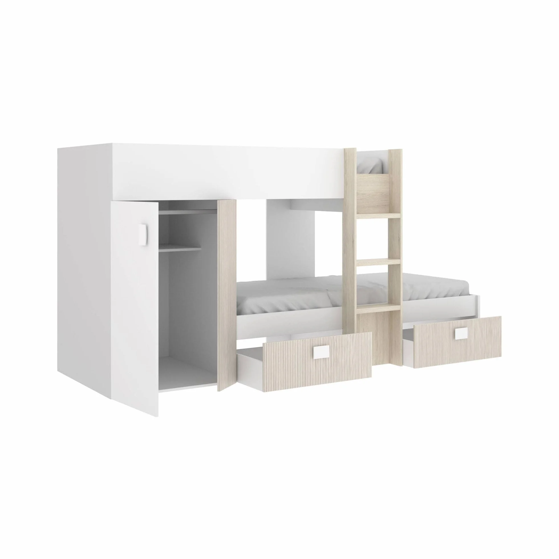 Dmora - Letto per bambini Cevedale, Cameretta completa con armadio e cassetti, Composizione letto a castello con due lettini singoli, 271x111h150 cm, Bianco e Rovere