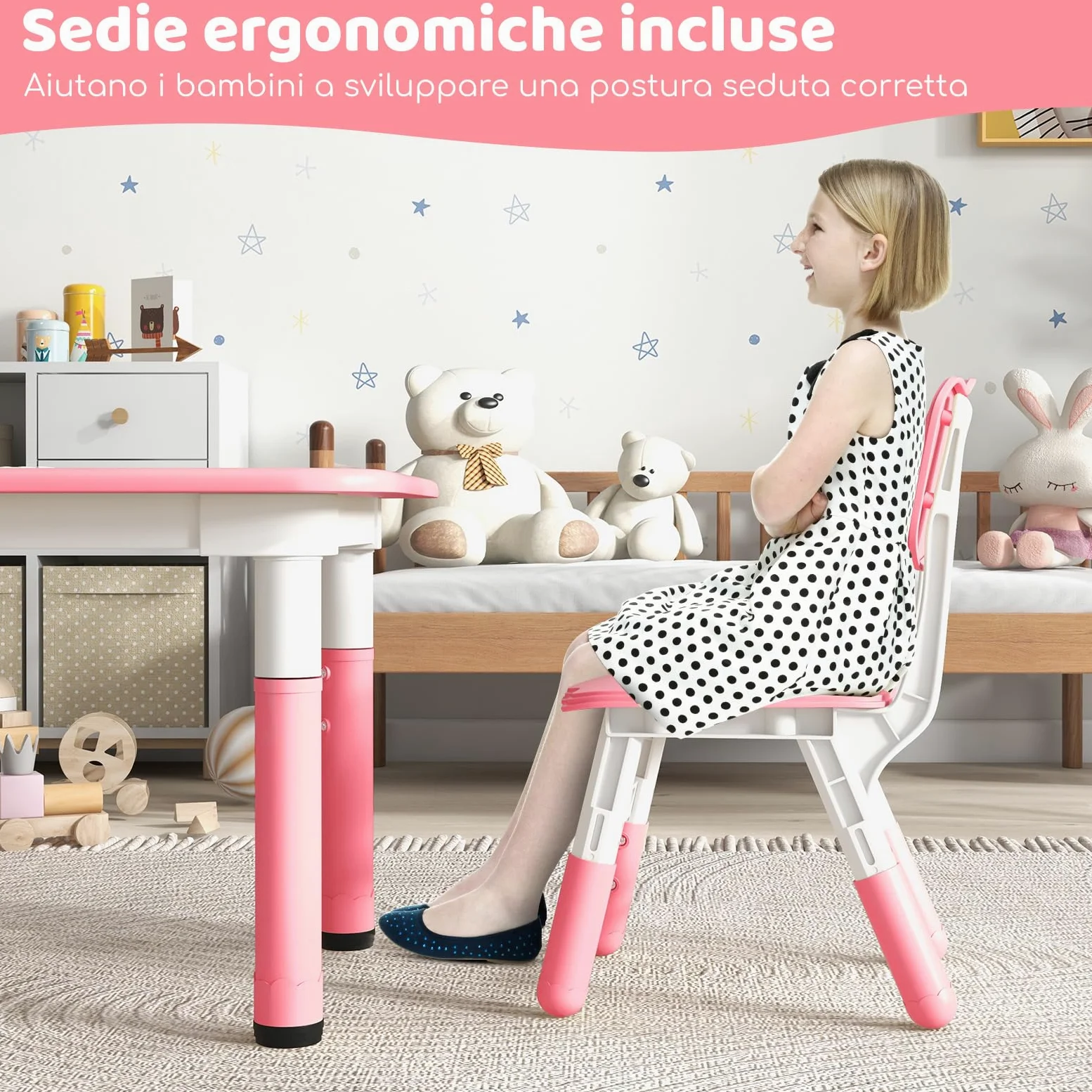 COSTWAY Set Tavolo e 4 Seide per Bambini, Scrivania Regolabile in Altezza con Piano Graffiti, Gambe Antiscivolo, Mobile Multifuzione con 4 Posti per Cameretta, Asilo e Scuola (Rosa)