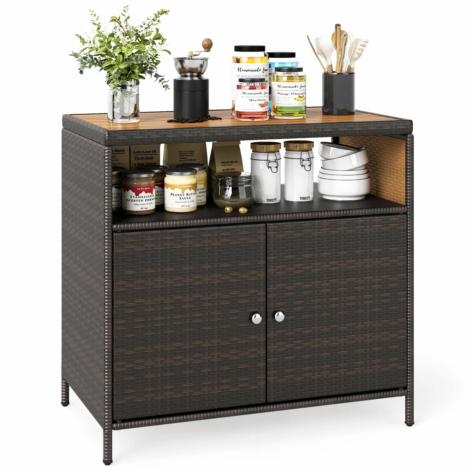LIFEZEAL Credenza Cucina, in Rattan PE, Mobile Cucina, con Superficie Ampia in Legno di Acacia, Credenza Soggiorno, con Rapiano Aperto e 2 Ante, 90x53x86 cm, per Giardino Terrazza e Patio (marrone)