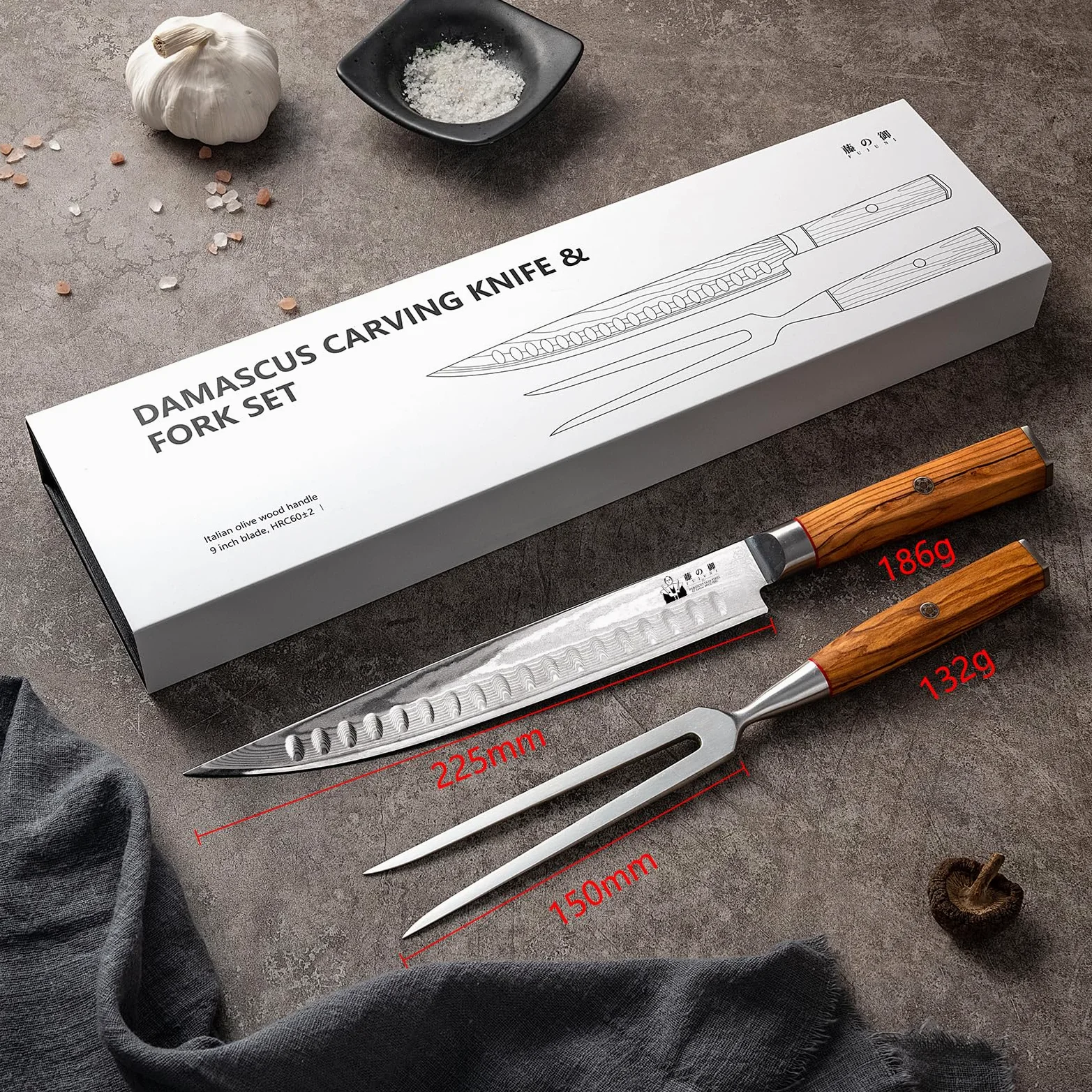 Set di Coltelli da Intaglio e Forchetta, 67 Strati VG10 Acciaio al Carbonio Alto Coltello da Carne 22,5CM, Coltello e Forchettone per Carne con Manico in Legno d'Ulivo, 2 pezzi