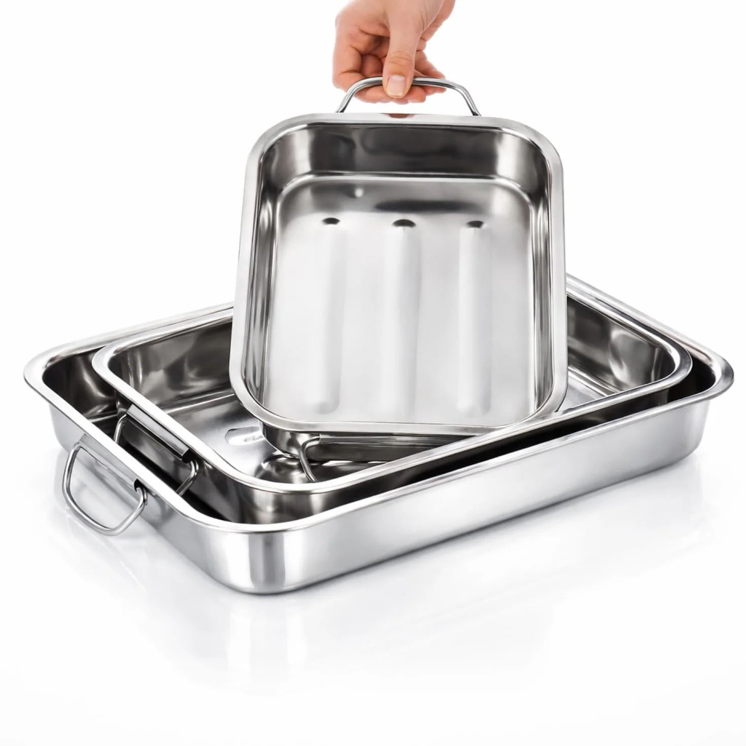 COM-FOUR® set di teglie e teglie da 3 pezzi - teglia in acciaio inossidabile con manici - casseruola in acciaio inossidabile per cucinare e cuocere al forno - pirofila (argento - 3 parti)