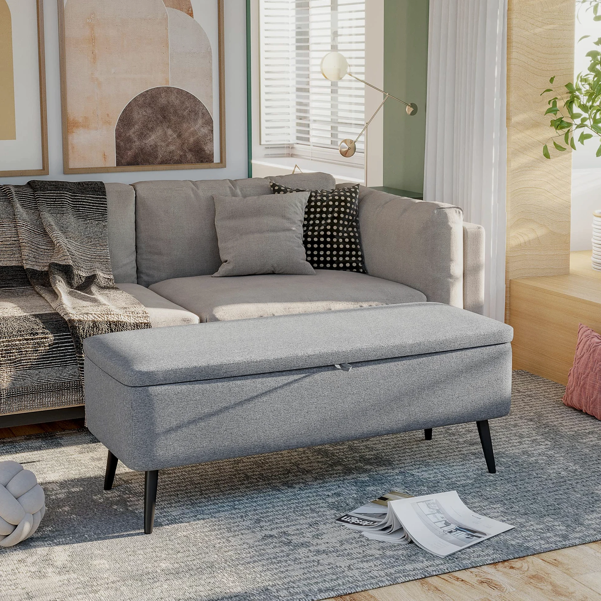 HOMCOM Panca Contenitore Rivestita in Tessuto, Effetto Velluto, Cassapanca con Contenitore Imbottita, per Camera da Letto, Soggiorno e Ingresso, 101x38.5x44.5 cm, Grigio