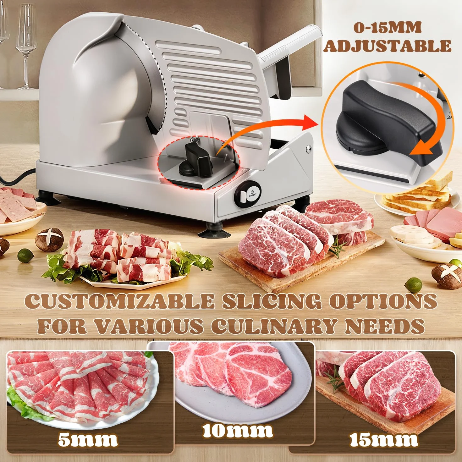 Moongiantgo Affettatrice Elettrica da Casa, Affettatrice Professionale con Blocco di Sicurezza, Spessore Regolabile 0-15mm, 2x Lama in Acciaio Inox da 19cm per Carne/Pane/Formaggio/Verdura (200W)