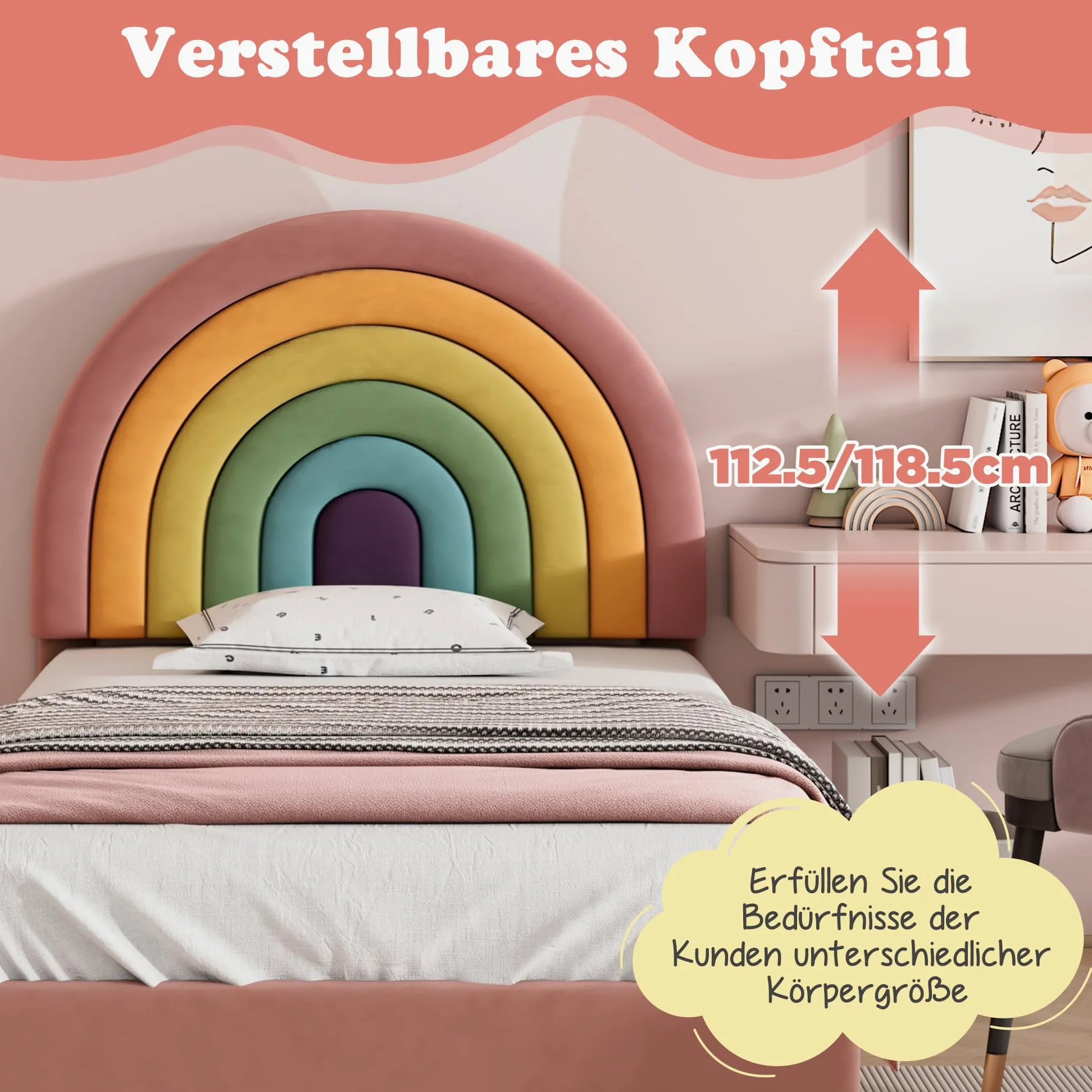 Azkoeesy Letto singolo imbottito per bambini e bambina, 90 x 200 cm, testiera arcobaleno, rivestimento in velluto, rosa