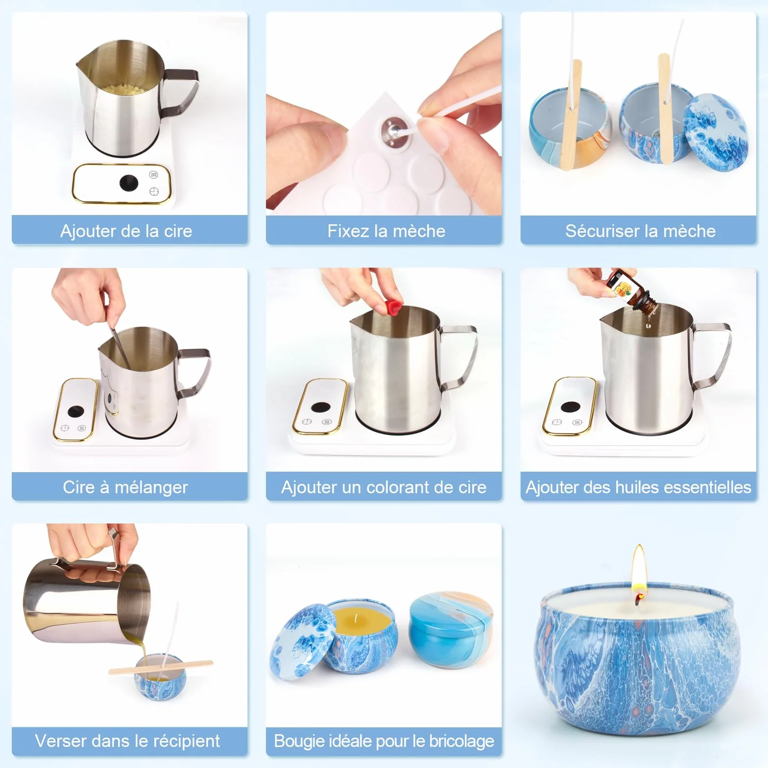 Kit Candele Fai Da Te, 480g Cera D'Api, 9 Barattoli, 6 Olio Profumato, 8 Blocchi Di Colore, Pentola Fusione Cera