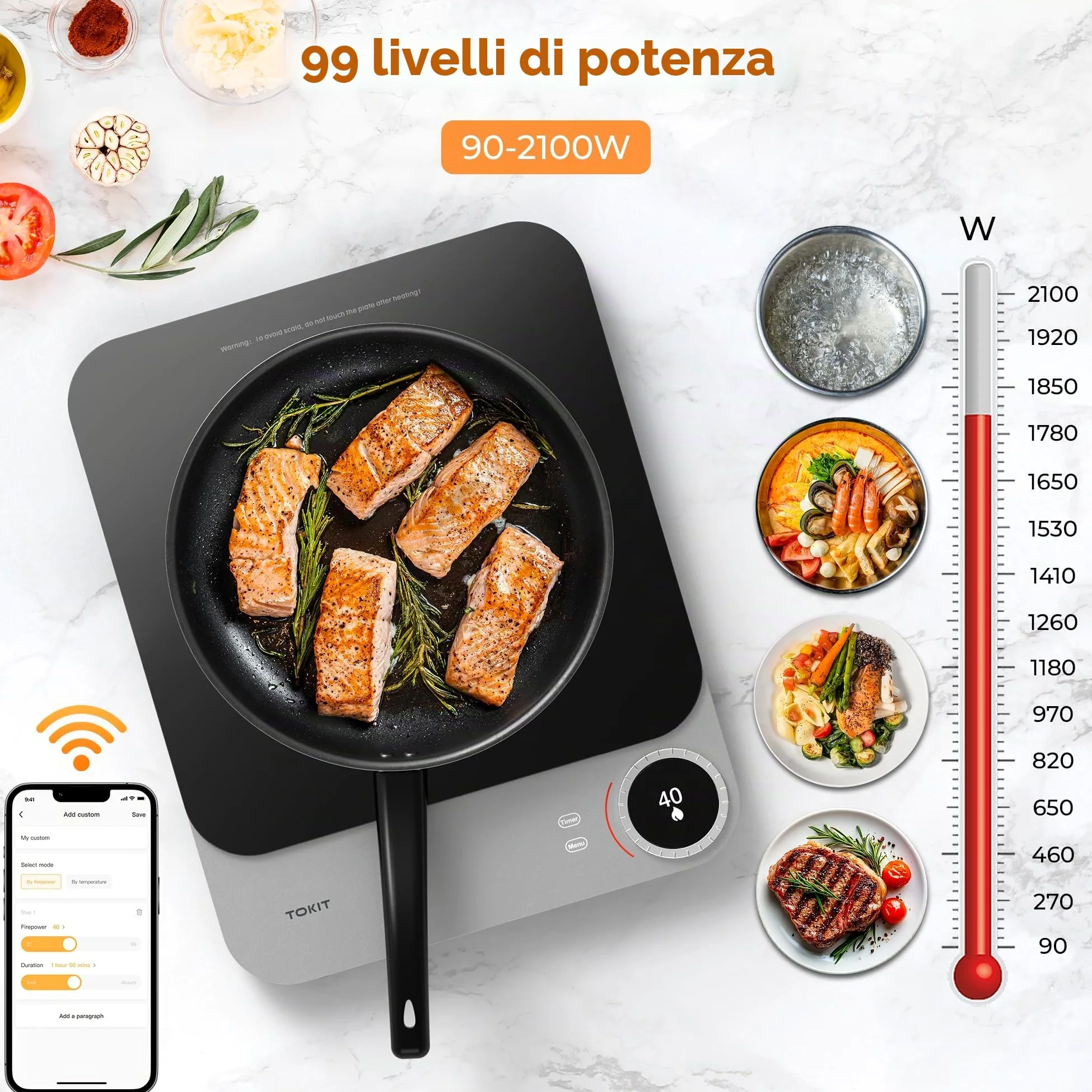 TOKIT Piastra Di Cottura A Induzione, Fuoco A 99 Livelli, Manopola+Controllo A Sfioramento,2100 W, Con Display Oled, Timer, Sensore Di Temperatura Ultra Sottile Da 20 Mm Controllo Tramite App